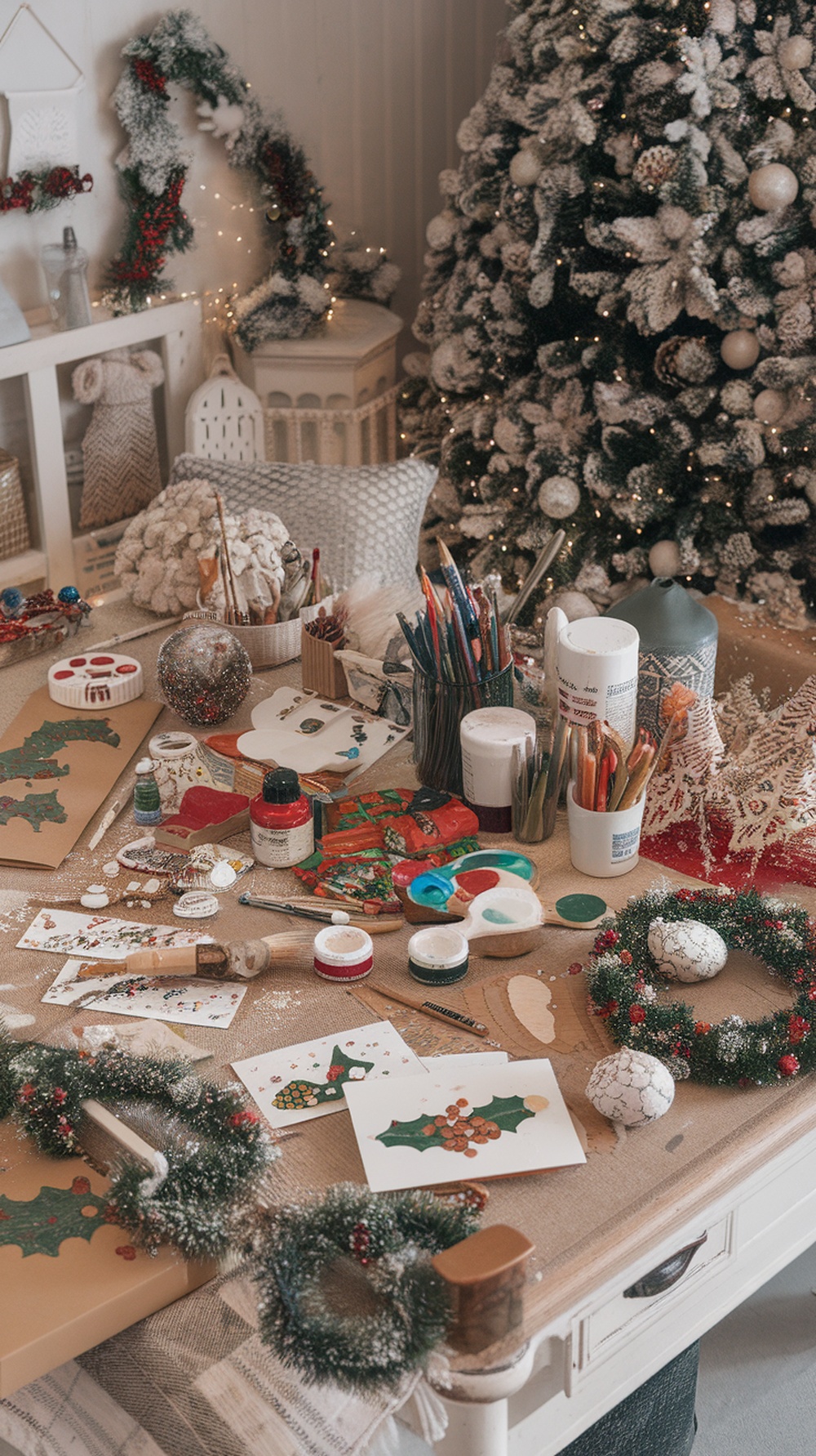 A cozy crafting table filled with Christmas-themed art supplies, including paints, brushes, and handmade cards, with a decorated Christmas tree in the background.