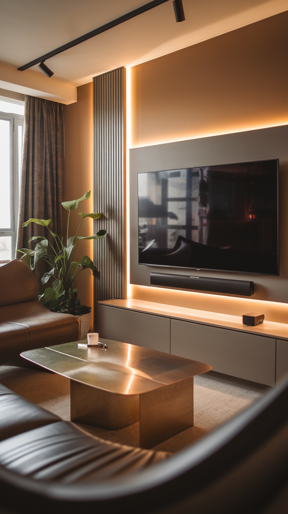 A modern small living room featuring a wall-mounted TV, soundbar, stylish lighting, and a plant.