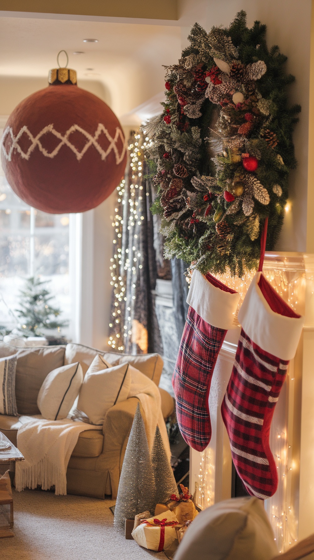 A cozy living room decorated for Christmas with oversized ornaments, stockings, and a wreath.