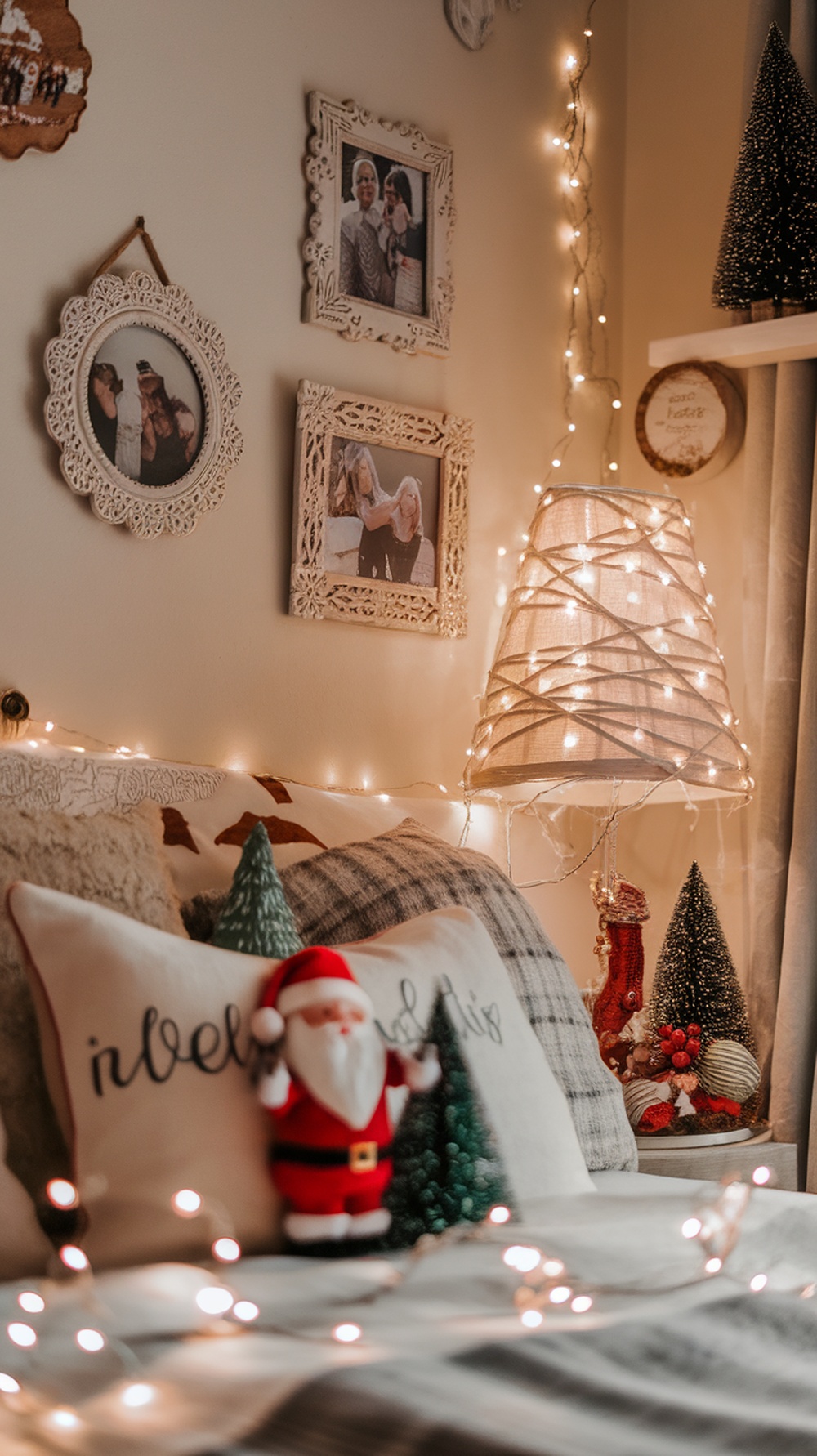 A cozy bedroom corner decorated for Christmas with family photos, twinkling lights, and festive ornaments.