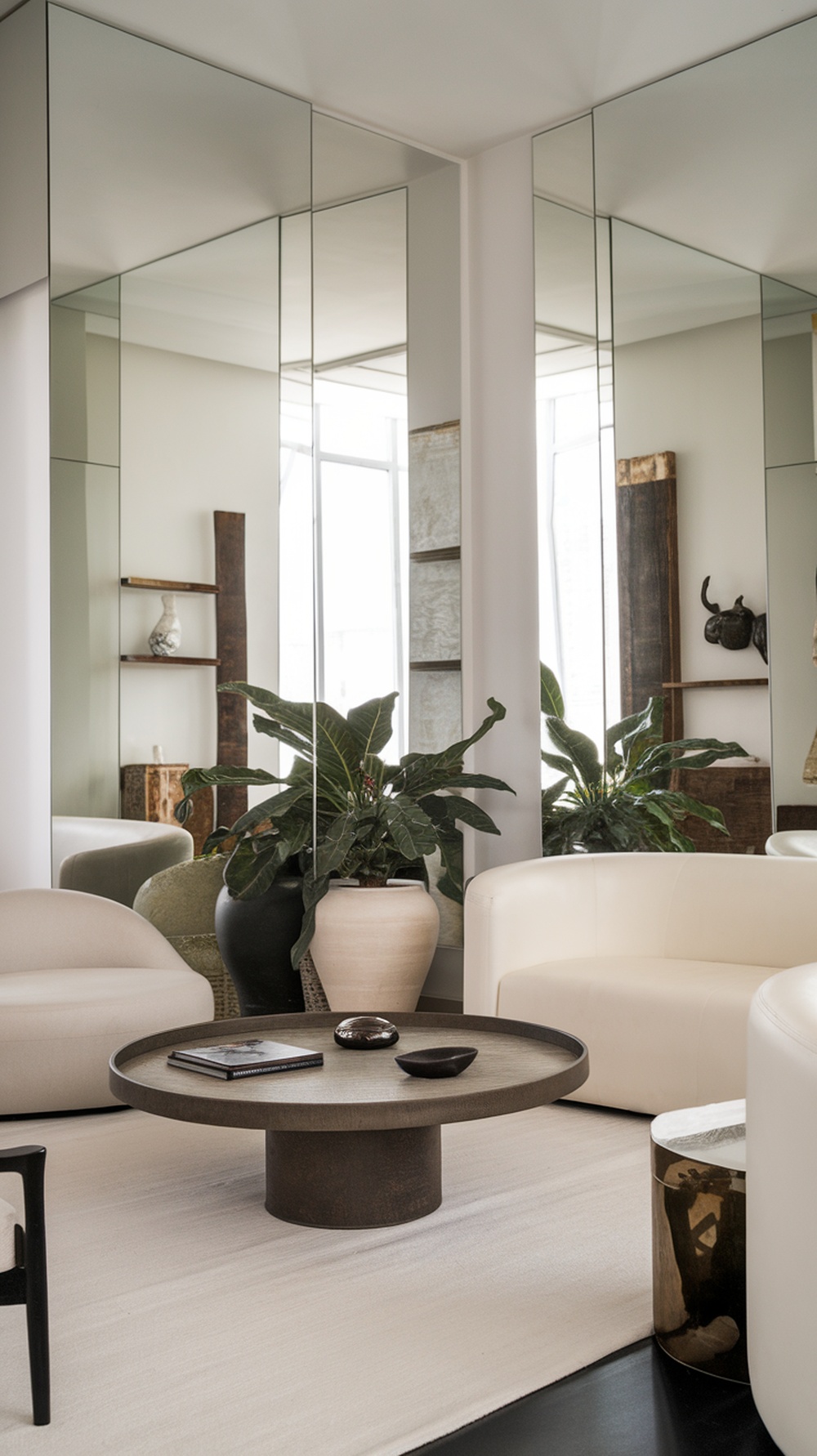 A modern living room featuring large mirrors, stylish seating, and decorative plants.