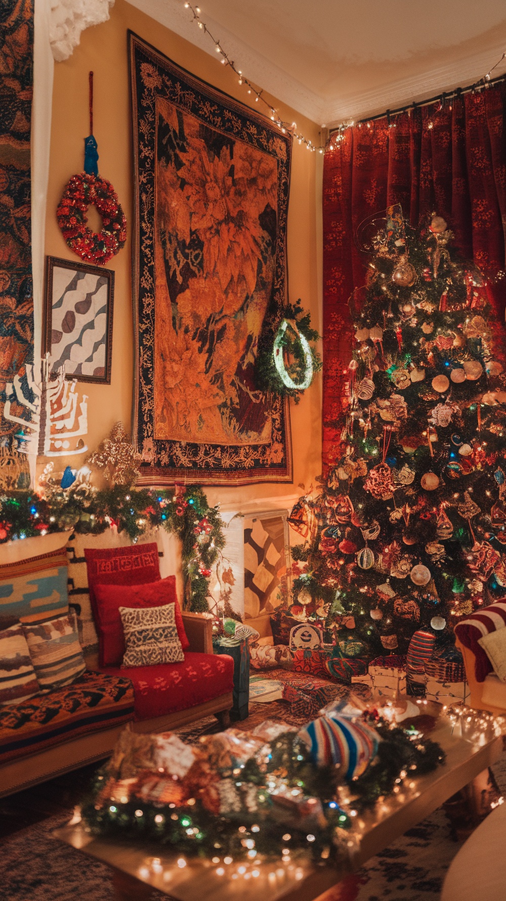 A cozy holiday living room decorated with a Christmas tree, colorful textiles, and cultural ornaments.