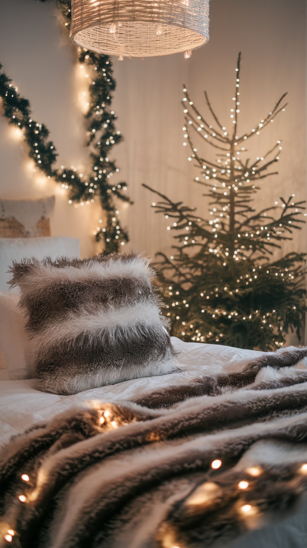 A cozy bedroom decorated with faux fur accents, featuring a plush pillow and throw blanket, with a Christmas tree and string lights in the background.