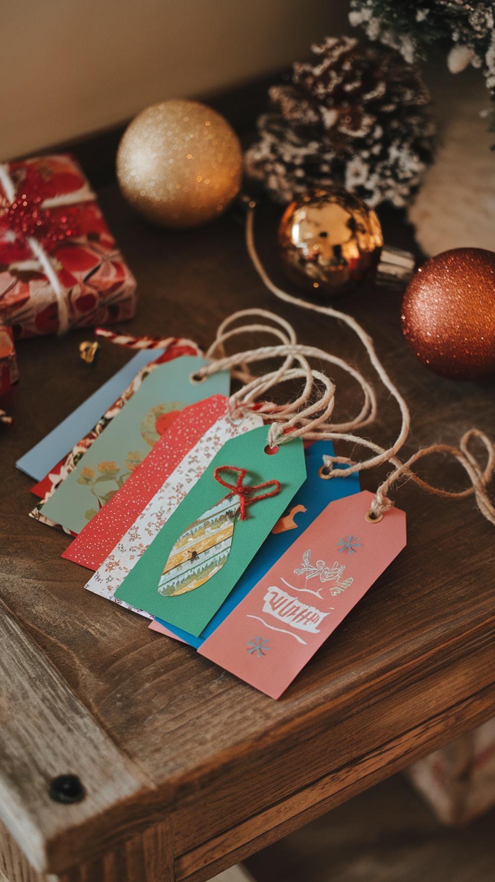 Colorful homemade gift tags on a wooden table with Christmas decorations.