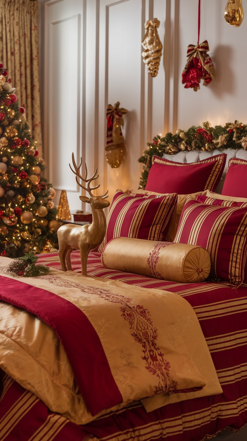 Luxurious Christmas bedroom with red and gold bedding, decorative pillows, and a golden reindeer figurine.
