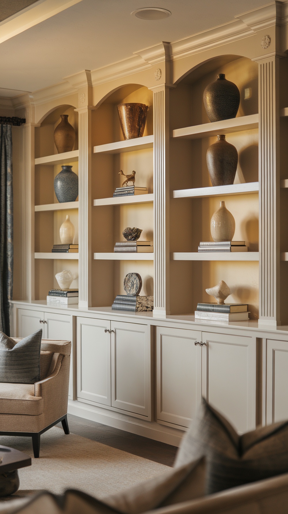 Custom built-in shelves with decorative vases and books in a stylish living room.