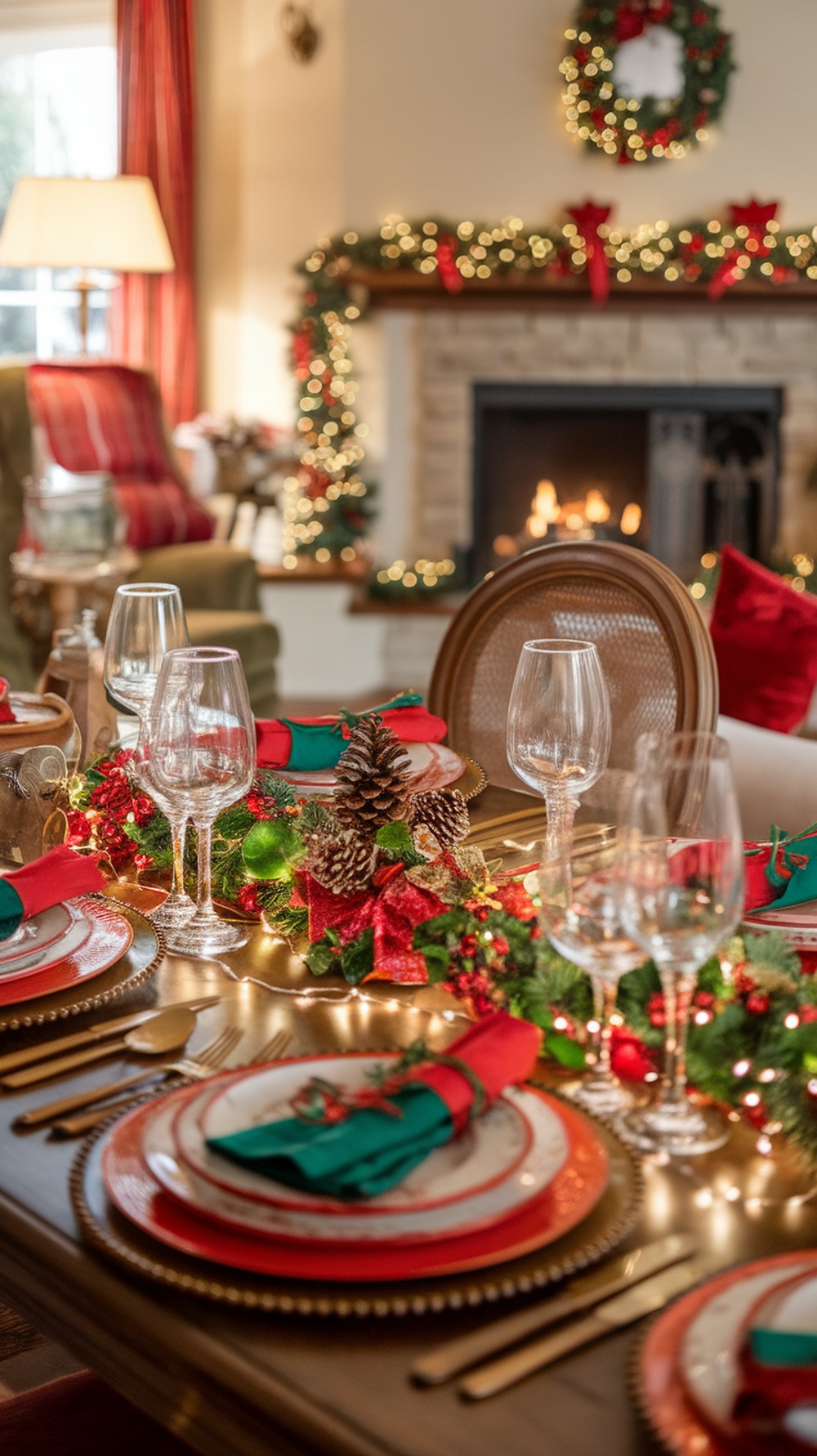 A beautifully decorated Christmas dining table with red and green accents, featuring elegant tableware and a festive centerpiece.