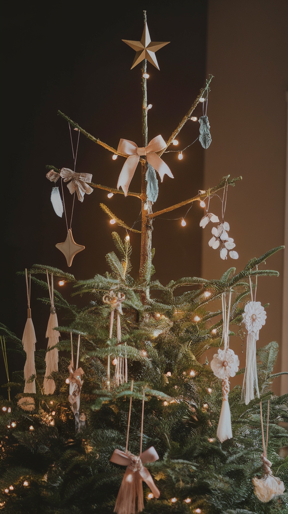 Stylish DIY Christmas tree topper featuring a wooden star and soft decorations.