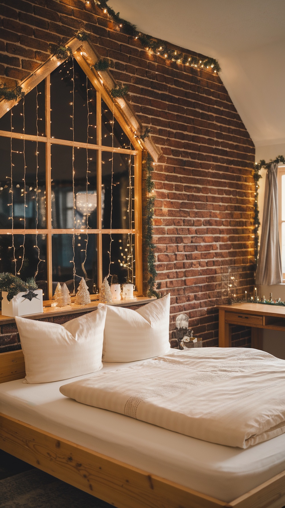 Cozy bedroom decorated for Christmas with fairy lights and small trees