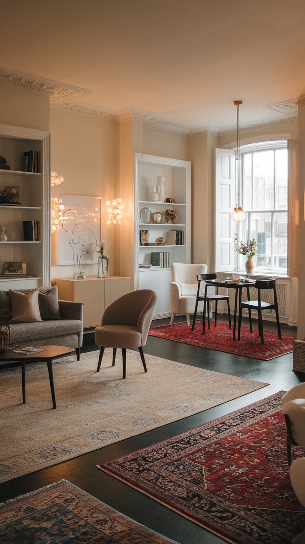 A stylish living room featuring multiple area rugs that define different spaces, showcasing a cozy seating area and a dining nook.