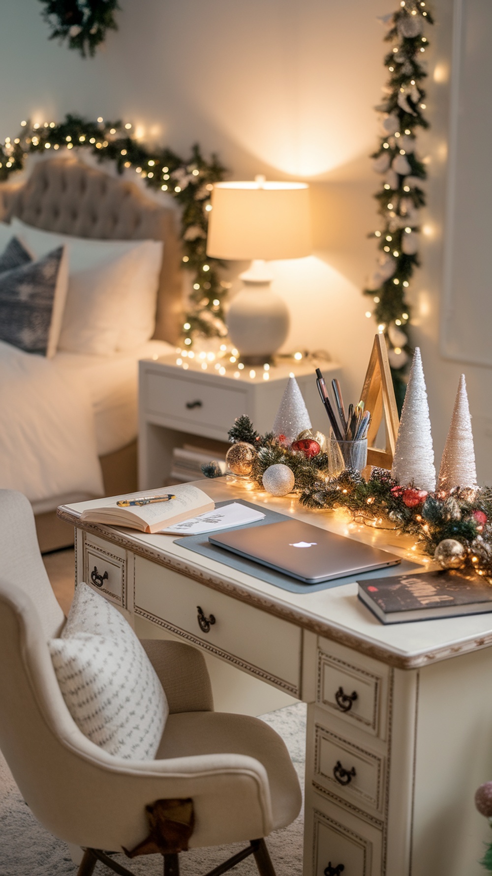 A cozy workspace decorated for Christmas with a laptop, festive ornaments, and warm lighting.