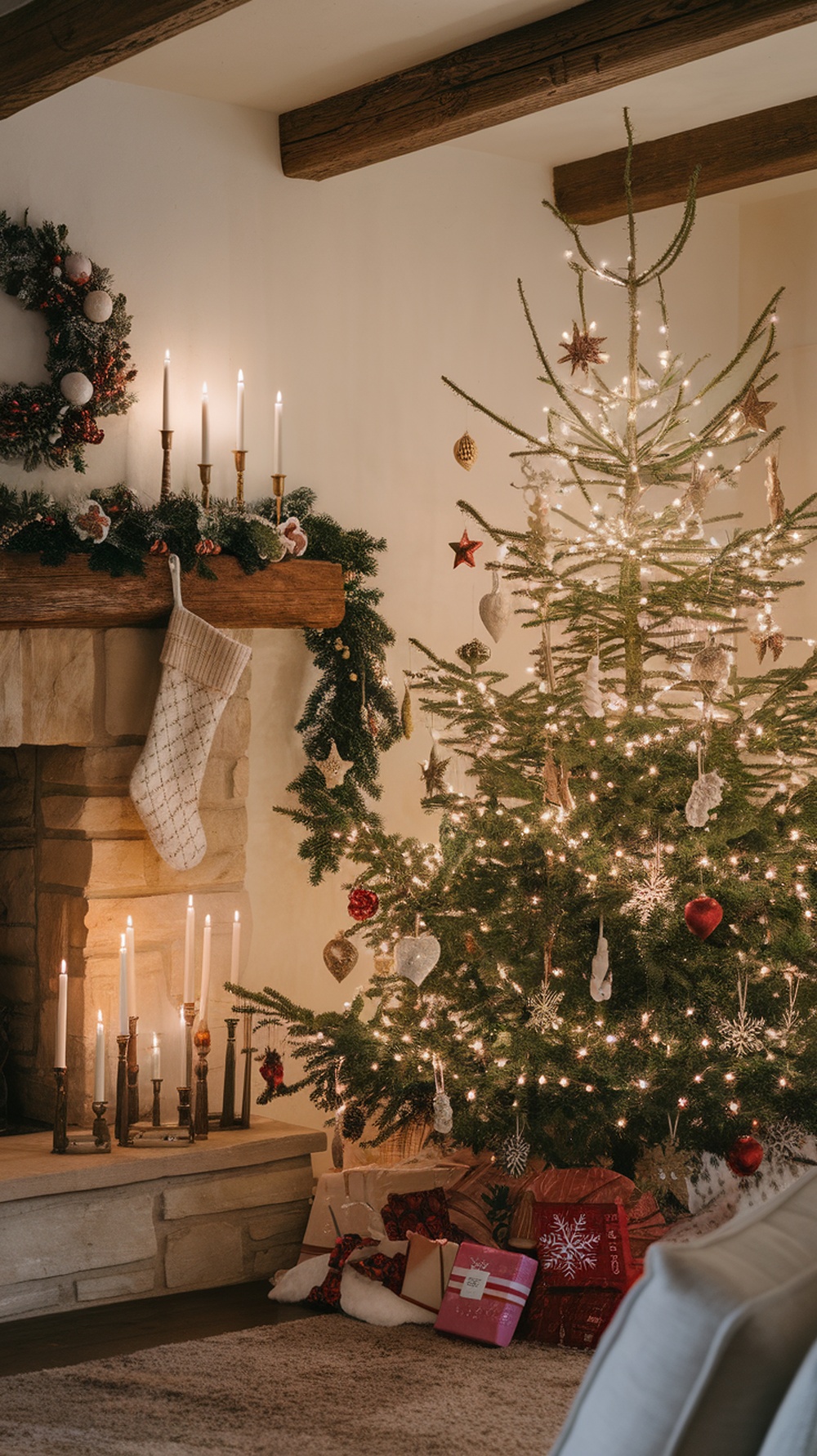 A beautifully decorated living room with a Christmas tree, ornaments, and a cozy fireplace.
