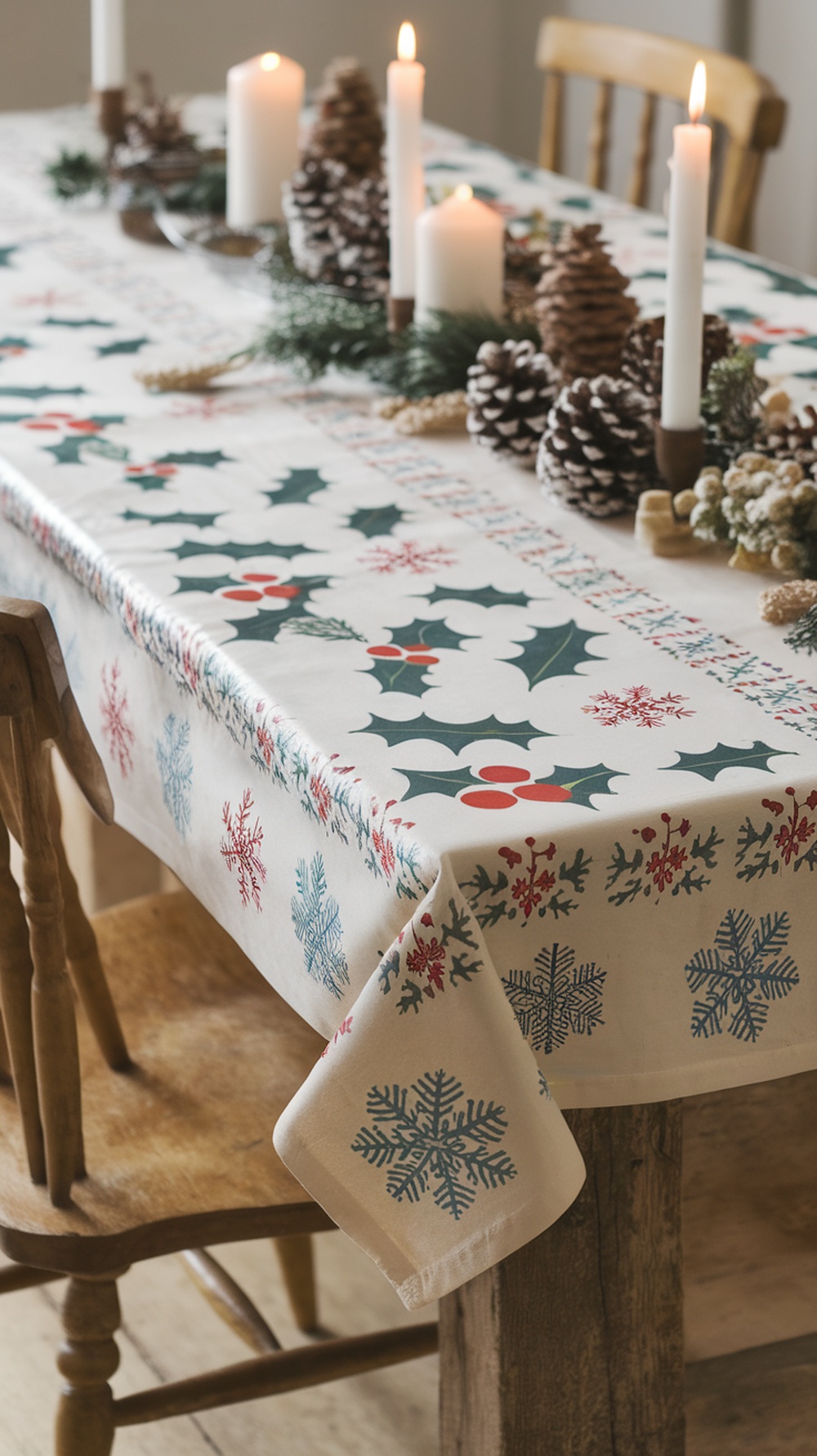 A festive holiday tablecloth decorated with holly and snowflakes, set on a wooden table with candles and pinecones.