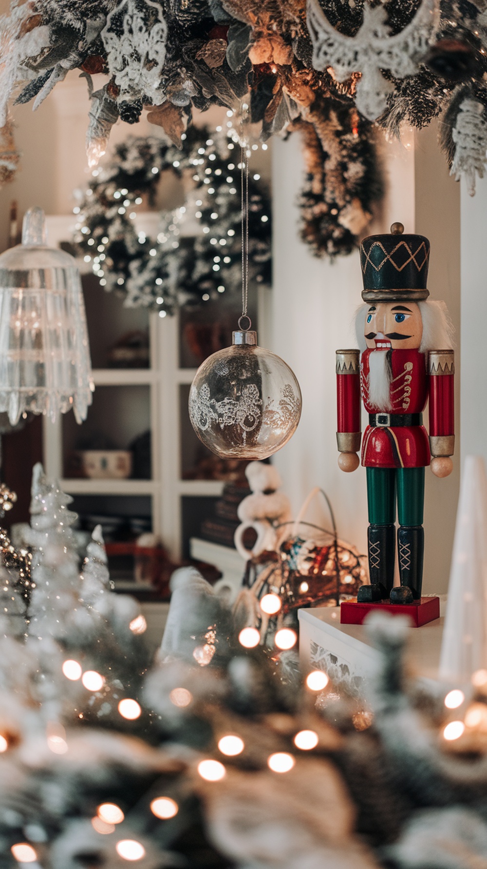 A festive display featuring a nutcracker and vintage ornaments, showcasing family heirlooms among modern Xmas decorations.