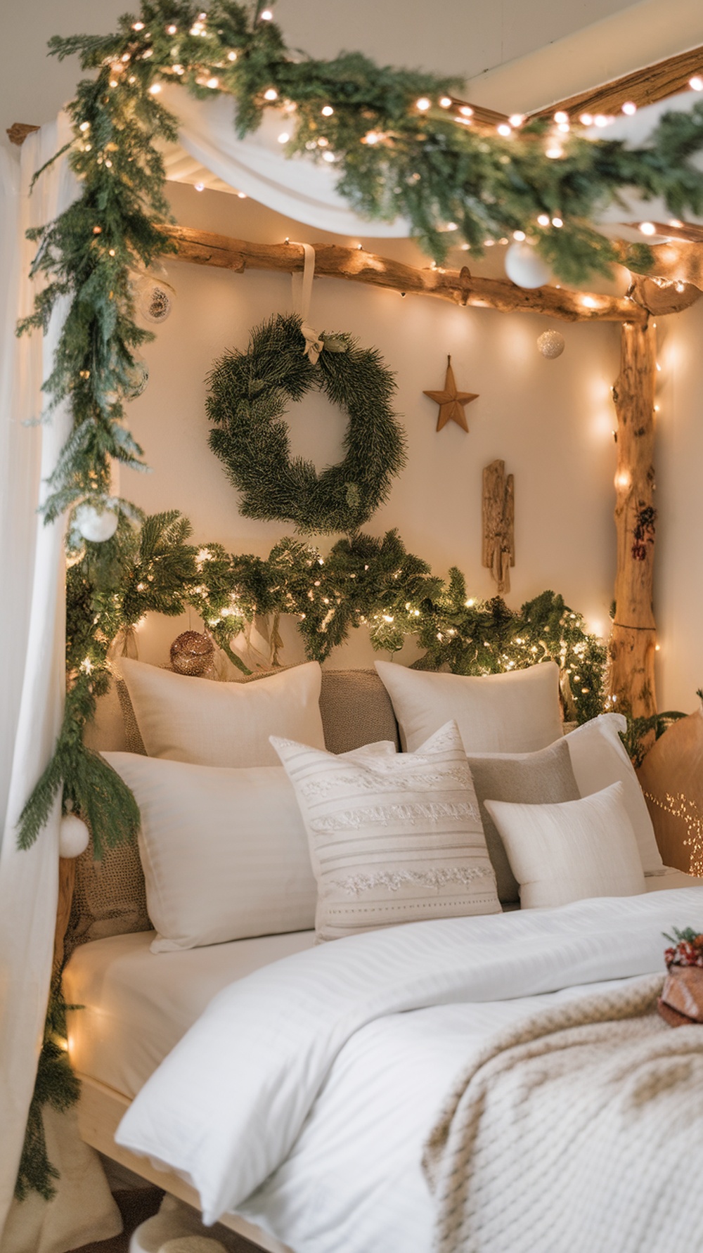 A cozy Christmas bedroom with greenery decorations, soft bedding, and warm lights.