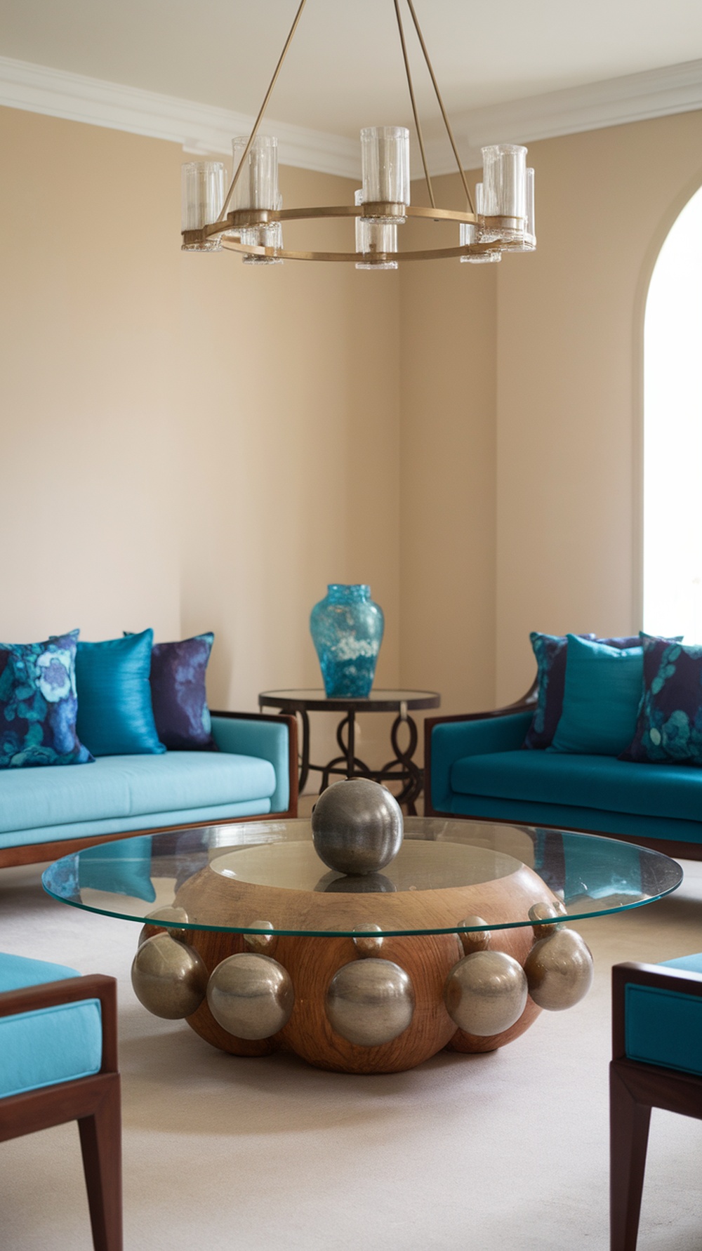 A unique coffee table with a glass top and a wooden base featuring metallic accents, surrounded by vibrant blue sofas and decorative pillows.