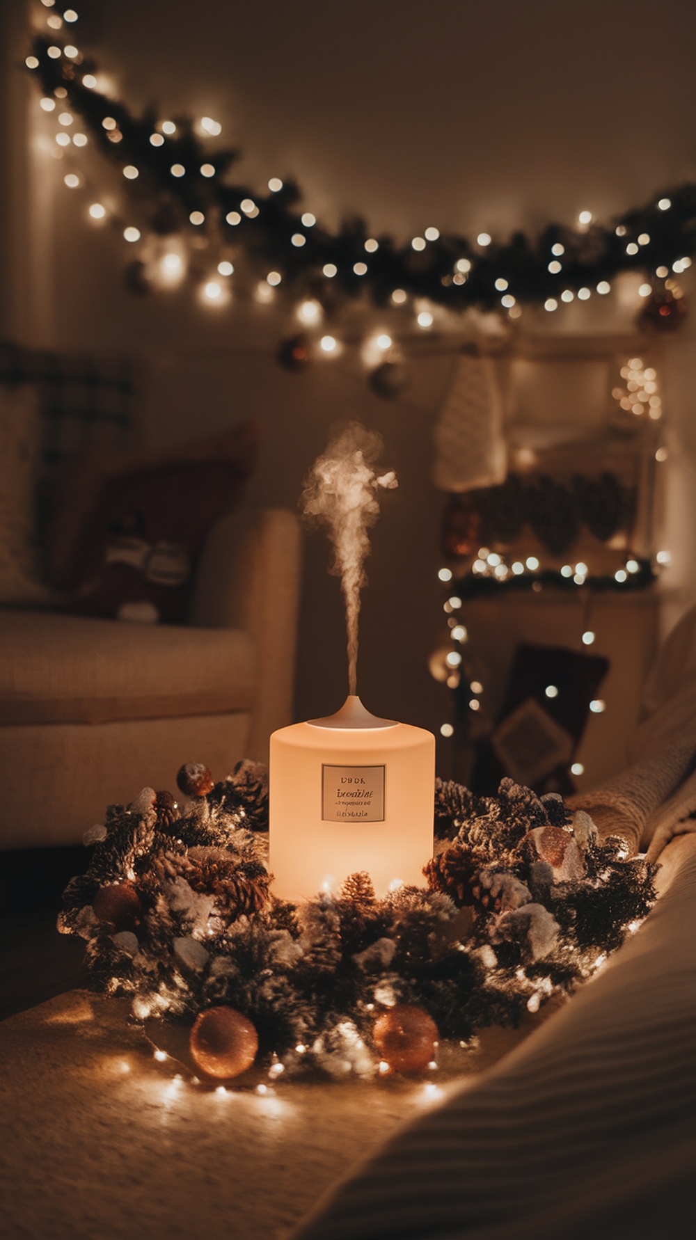 A holiday scent diffuser surrounded by festive decorations, creating a cozy atmosphere.