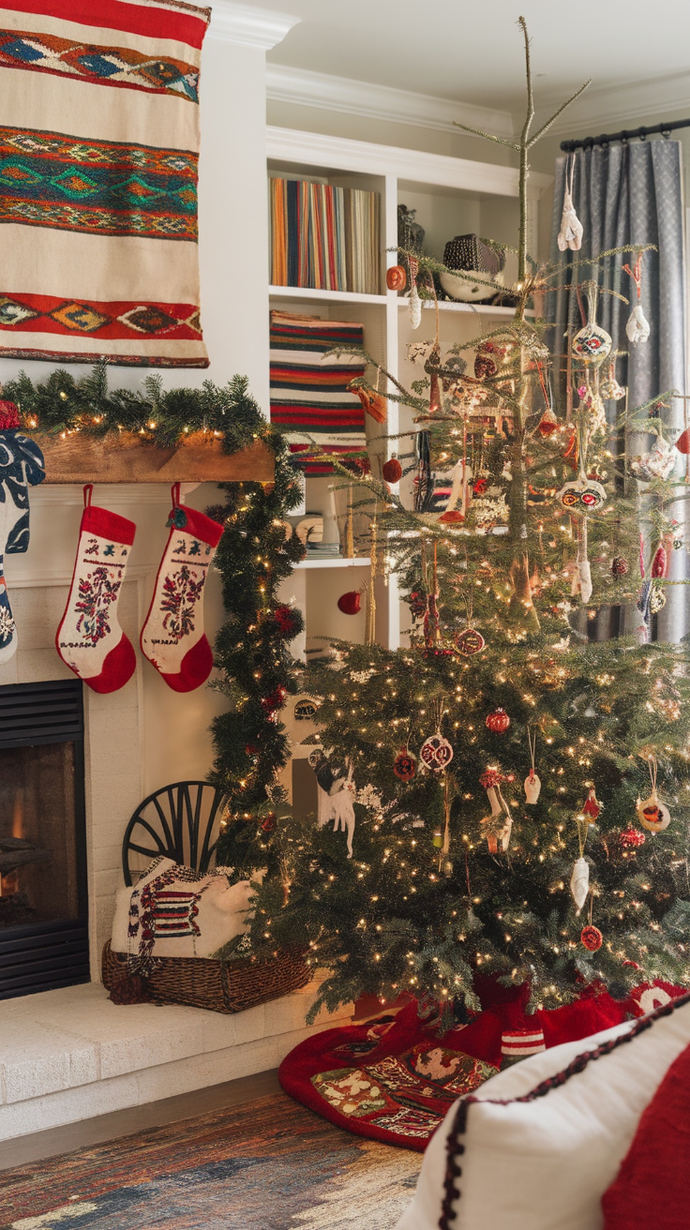 A cozy living room decorated for Christmas with cultural elements, featuring a beautifully adorned tree, colorful stockings, and vibrant textiles.