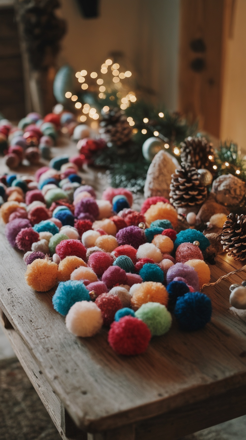 Colorful pompoms on a wooden table, surrounded by holiday decorations.