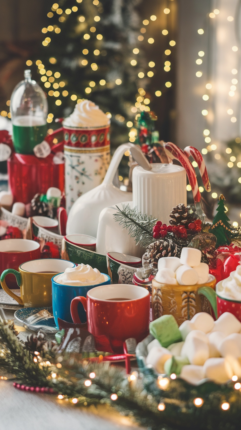 A festive hot cocoa station with colorful mugs, whipped cream, marshmallows, and holiday decorations.