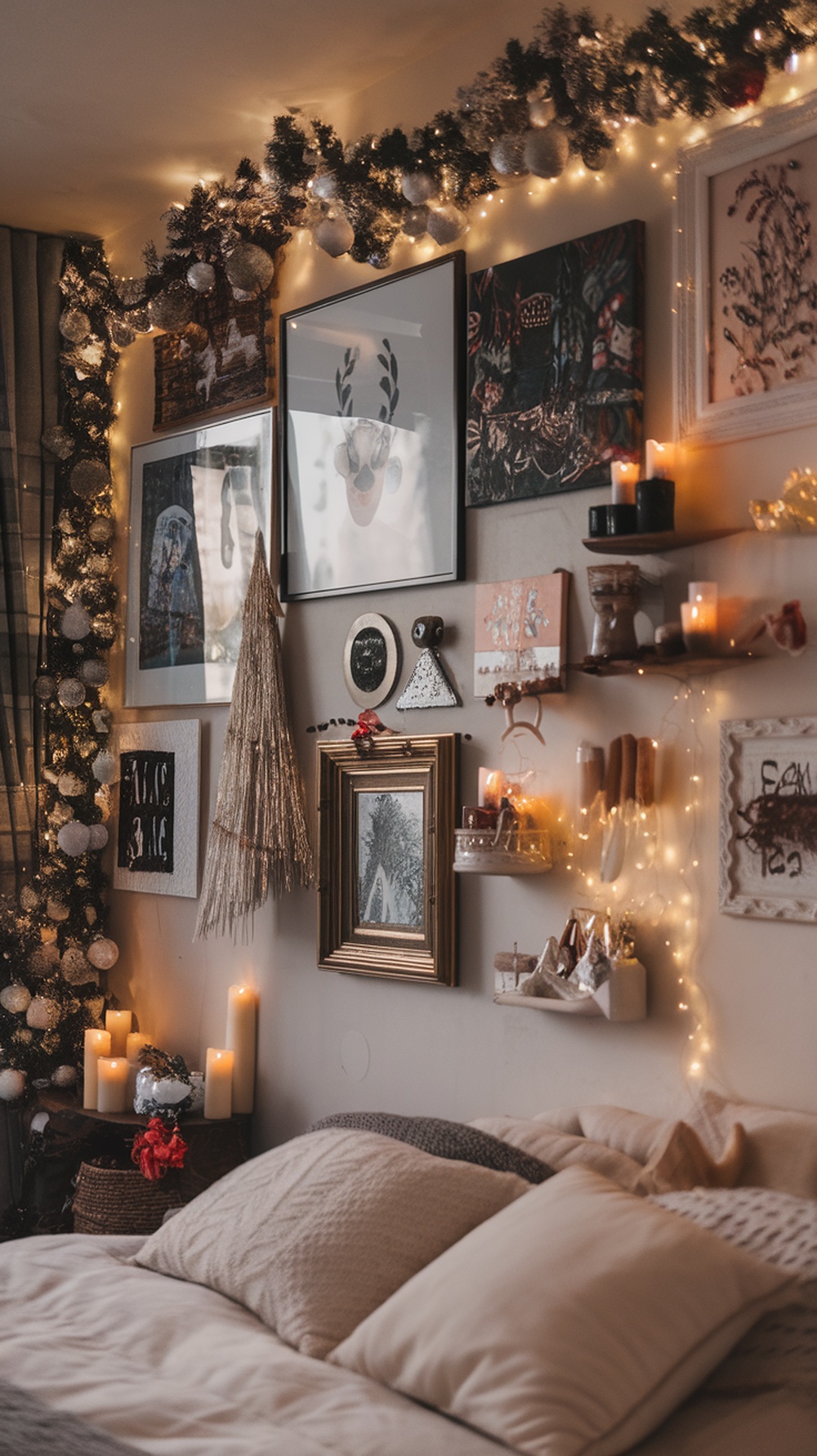 A cozy bedroom with a festive gallery wall decorated for Christmas, featuring art, candles, and holiday decorations.