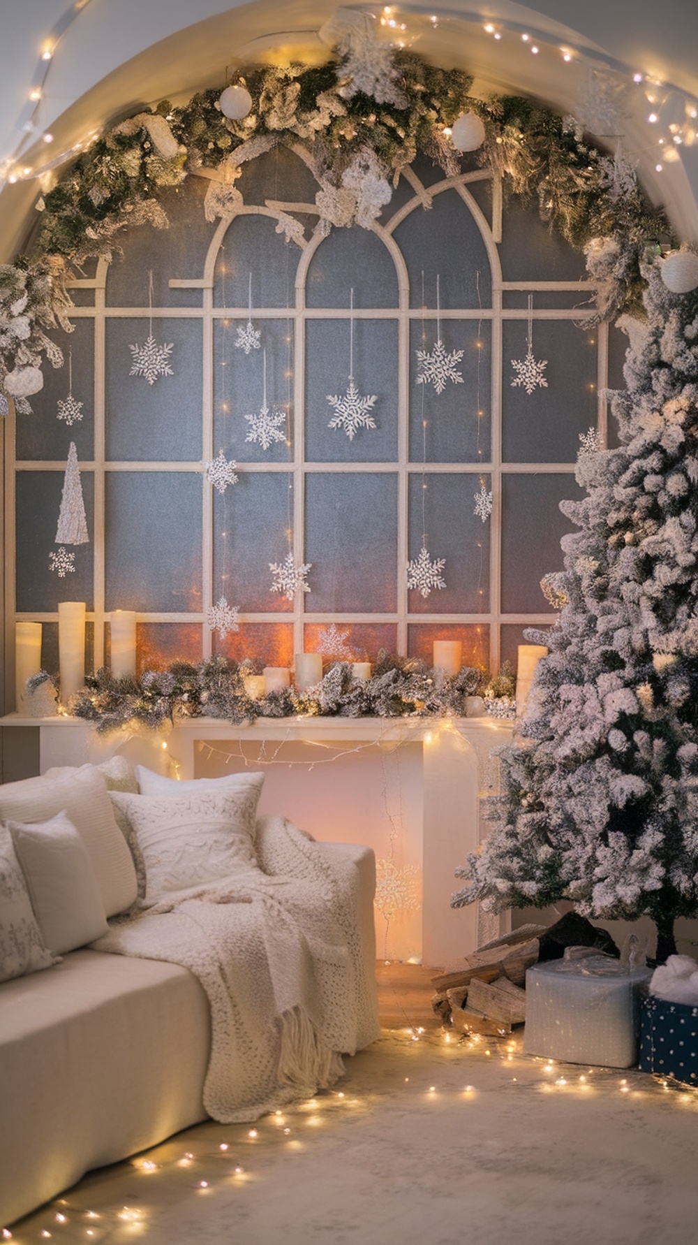A cozy winter wonderland living room decorated for Christmas with a frosted tree, soft blankets, and twinkling lights.