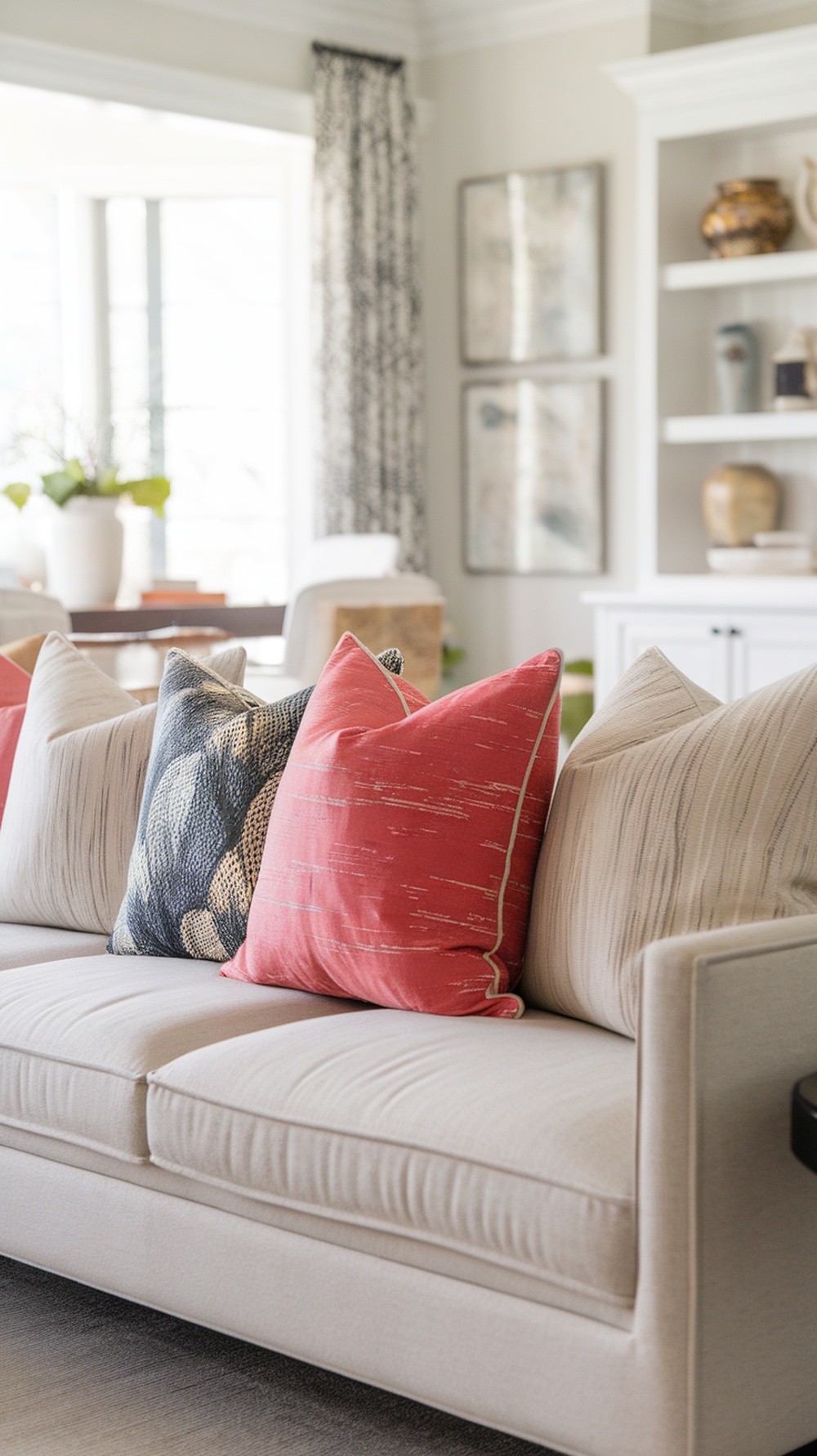A cozy sofa with colorful throw pillows in various patterns and textures.