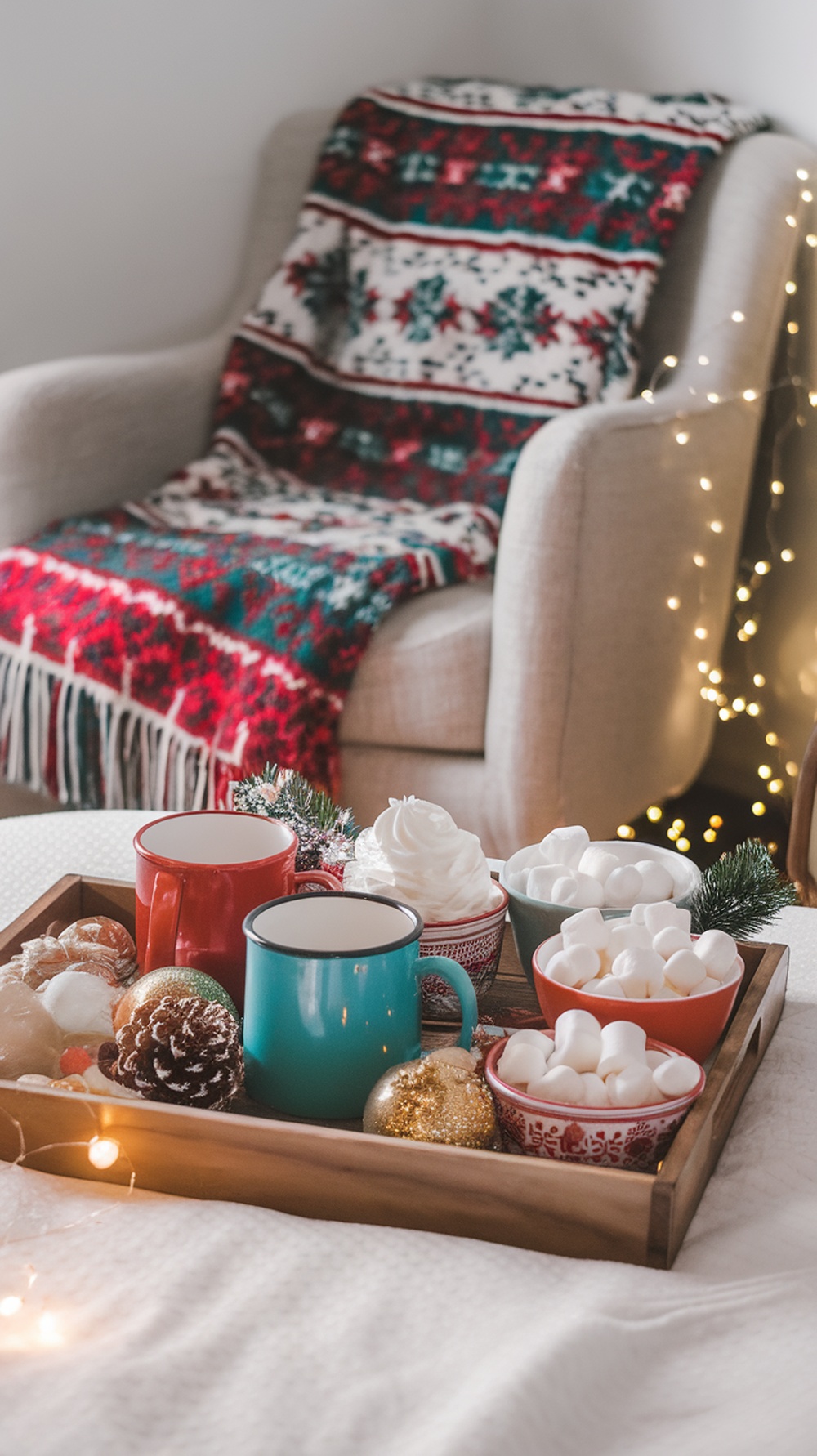 A cozy hot cocoa bar setup in a bedroom with colorful mugs, marshmallows, and festive decorations.