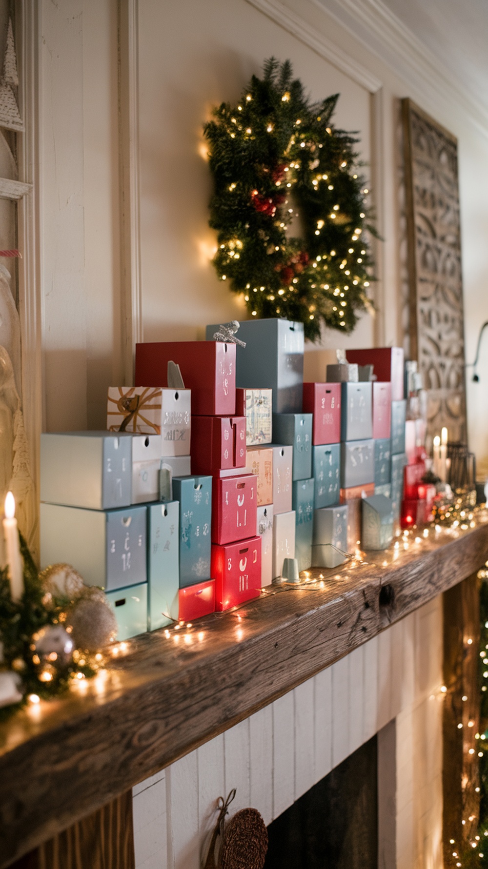Colorful advent calendar boxes arranged on a mantel with festive decorations
