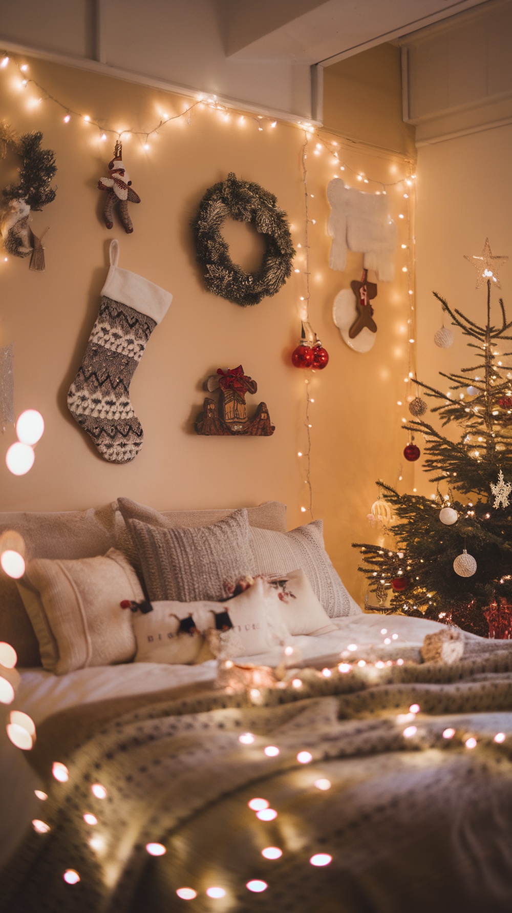 A cozy Christmas bedroom with soft lighting, decorated with fairy lights, a Christmas tree, and festive ornaments.