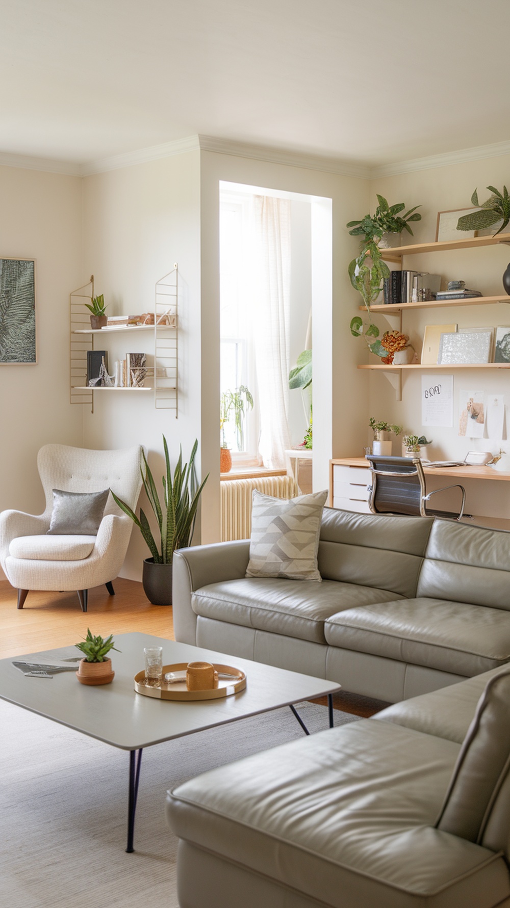 A stylish multi-functional living room featuring a modern sofa, coffee table, and workspace with plants.