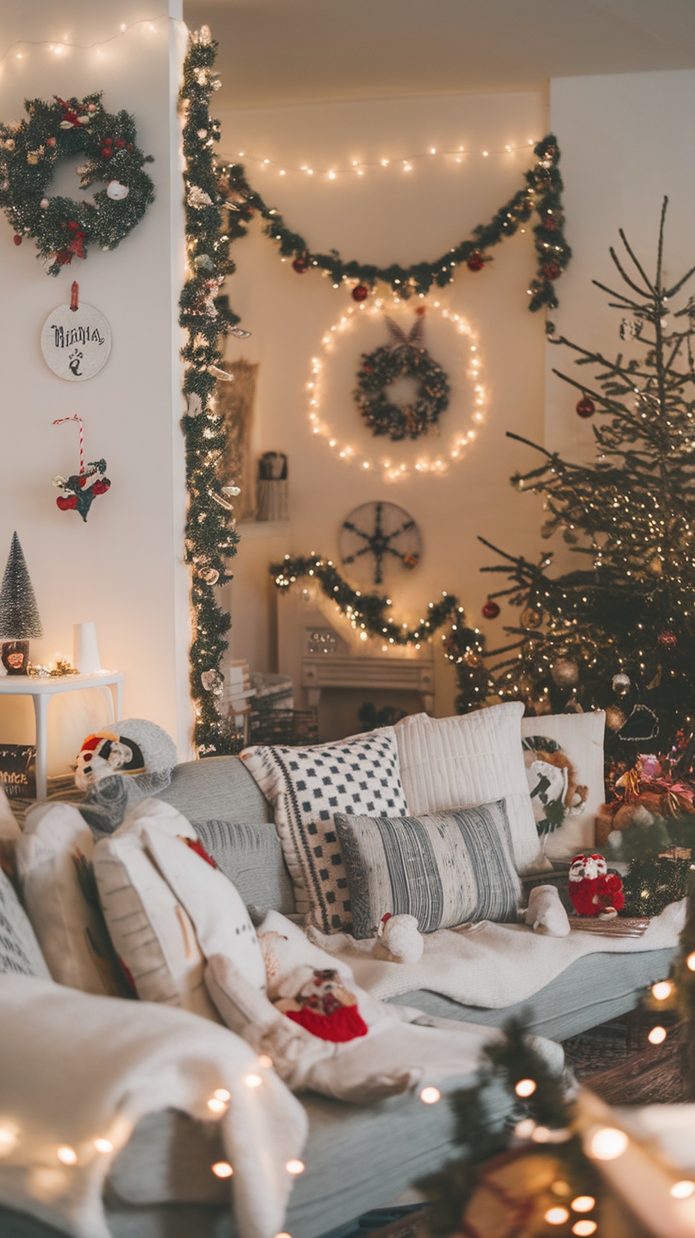 A cozy living room decorated for Christmas with wreaths, garlands, and lights.