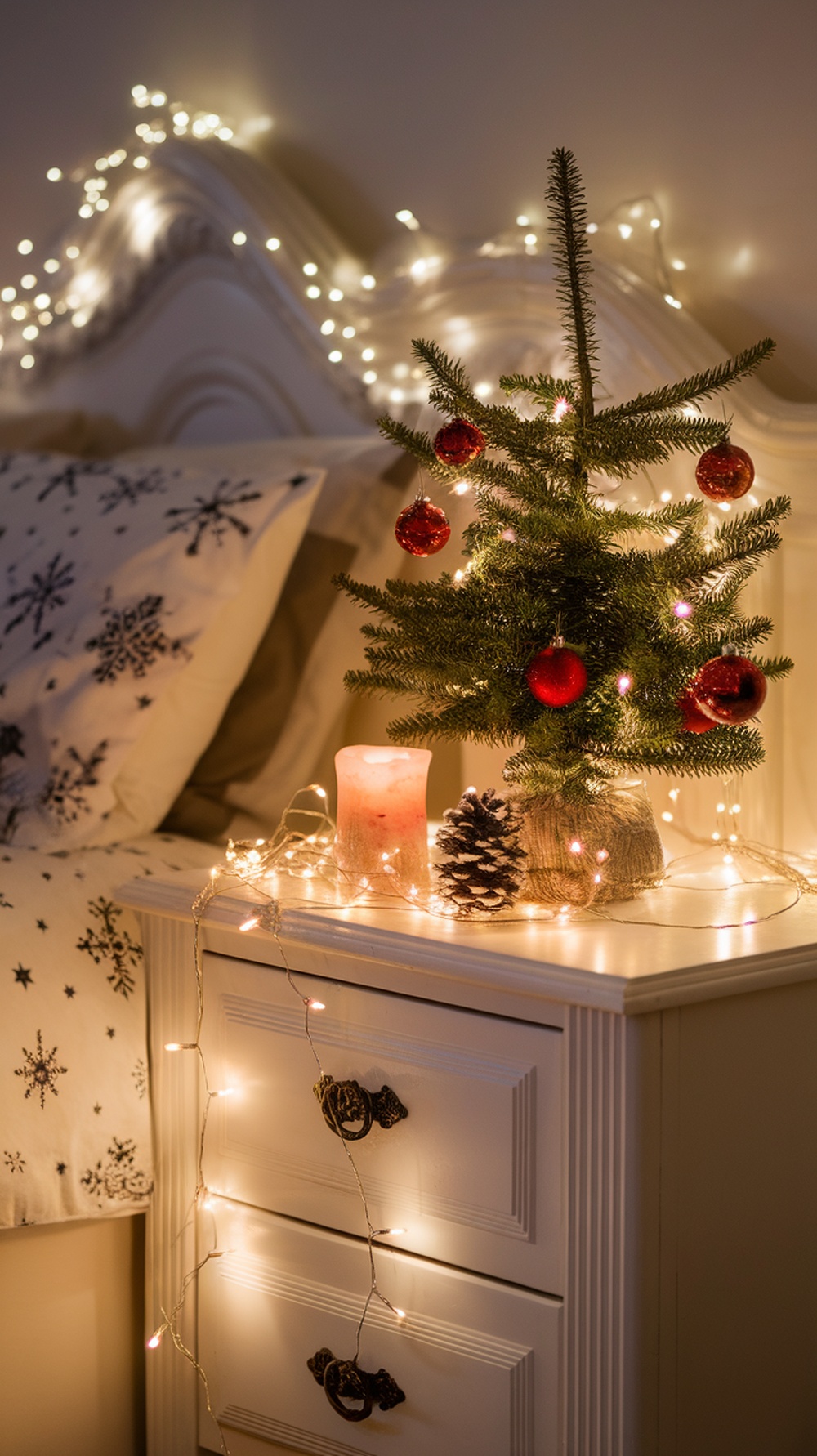 A cozy nightstand decorated for Christmas with a small tree, fairy lights, and a candle.