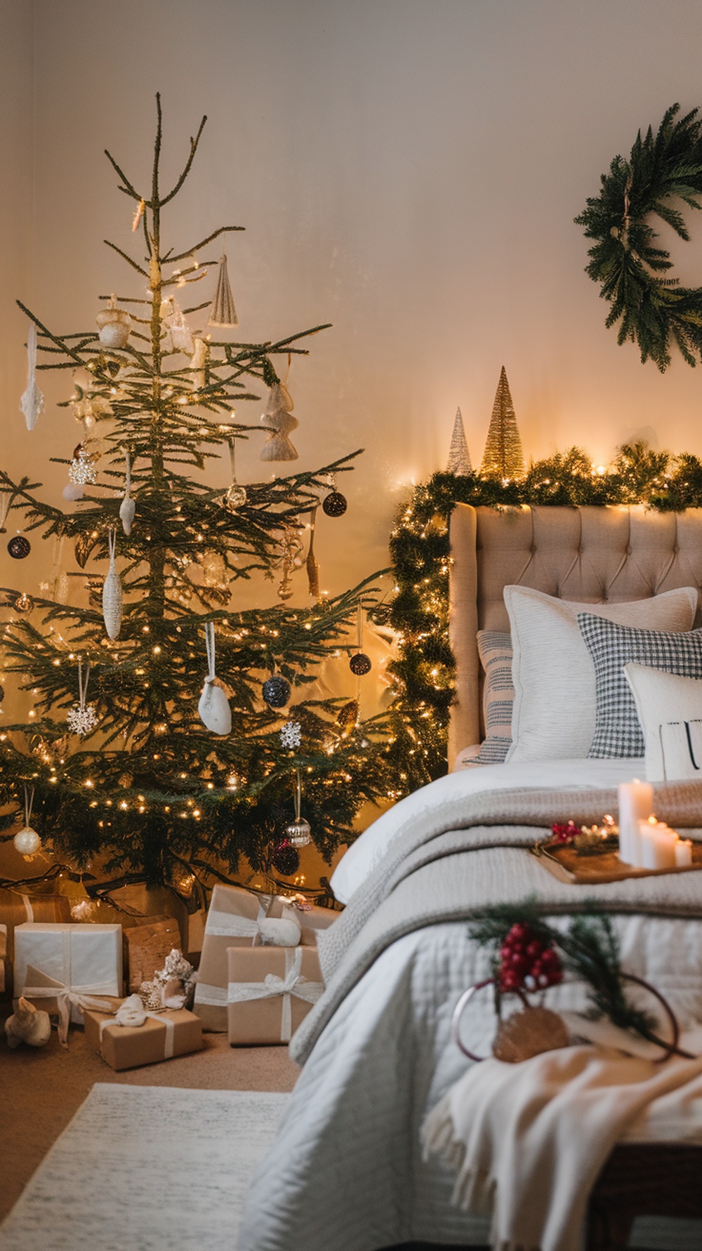 A cozy Christmas bedroom featuring a decorated tree with unique ornaments, warm lighting, and beautifully wrapped gifts.