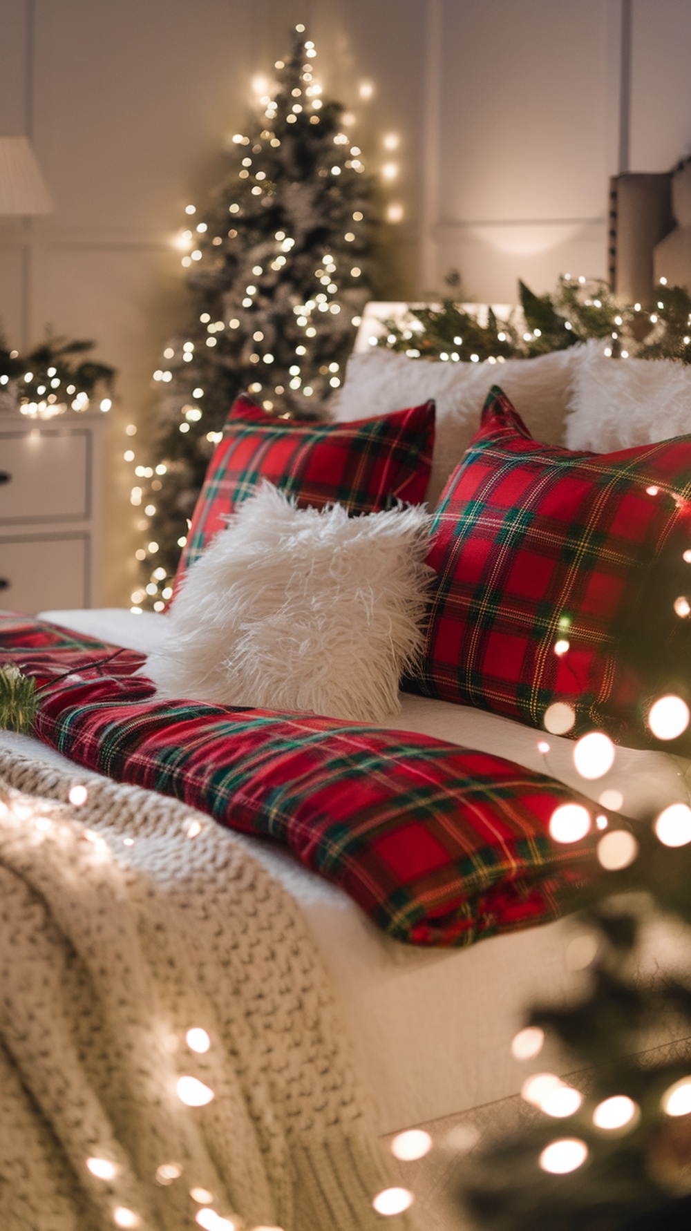 Cozy Christmas bedroom with festive plaid bedding and a decorated tree