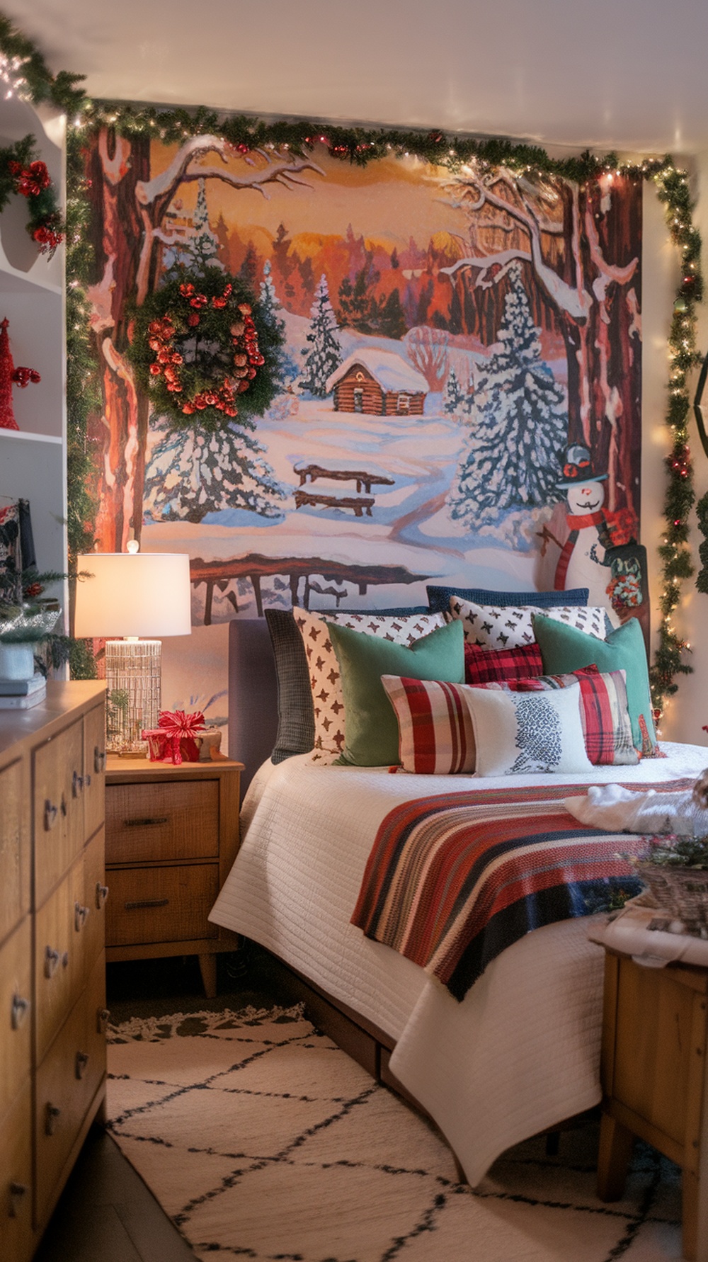 A cozy Christmas bedroom with colorful accents, featuring a winter mural, festive pillows, and warm lighting.