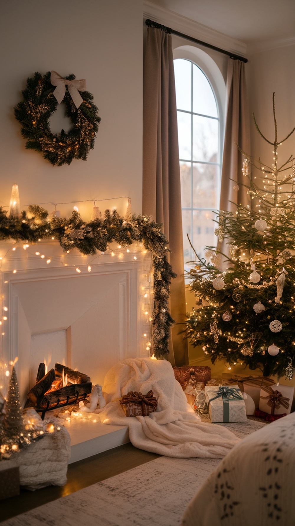 A cozy Christmas bedroom with a decorated fireplace, a Christmas tree, and festive lights.