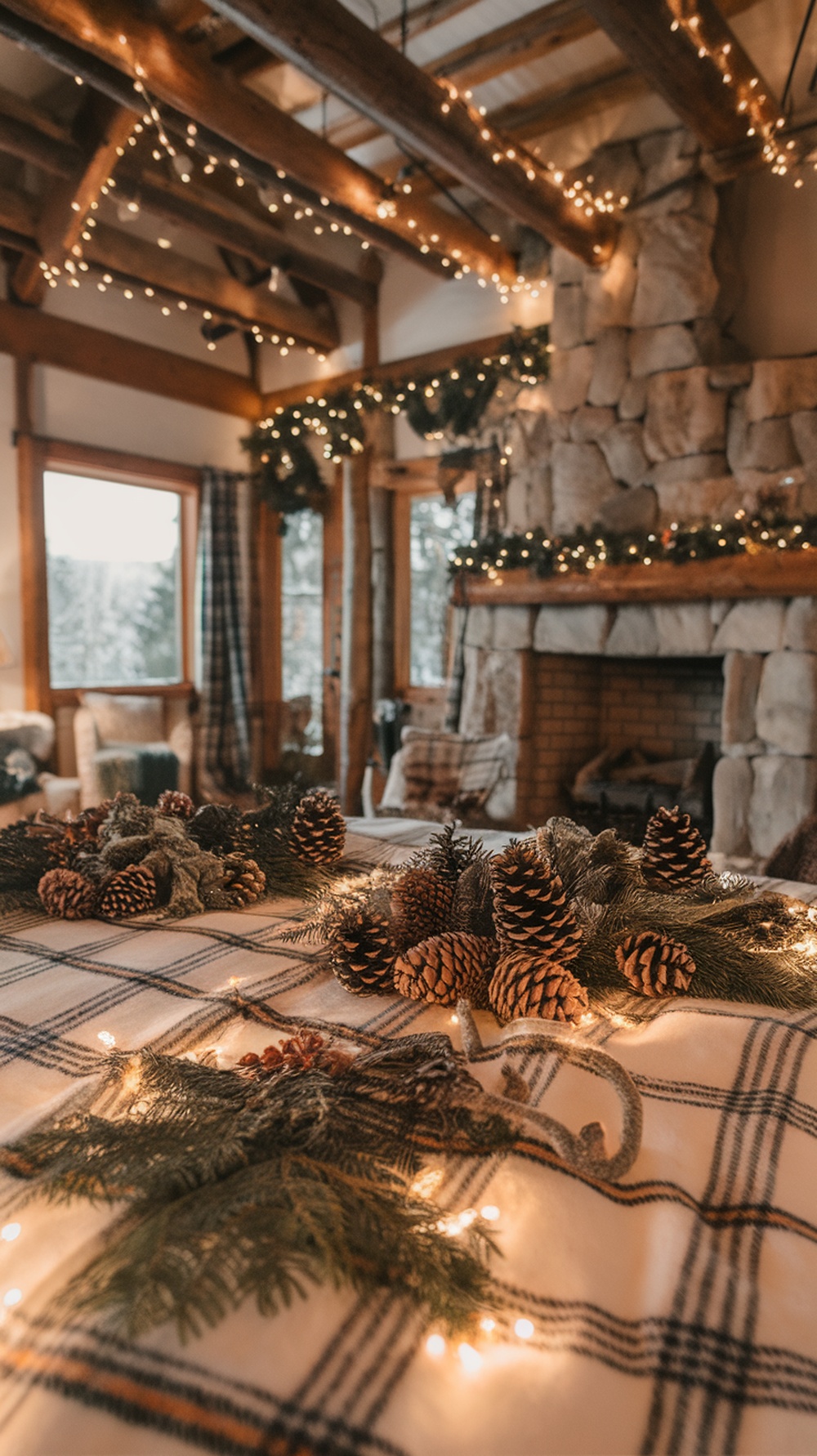 A cozy Christmas bedroom with rustic cabin vibes, featuring a bed decorated with pinecones and greenery, plaid blankets, and warm lighting.