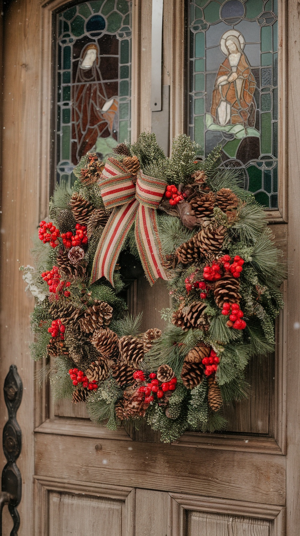 A charming Christmas wreath with pinecones, red berries, and a striped ribbon, hanging on a wooden door.