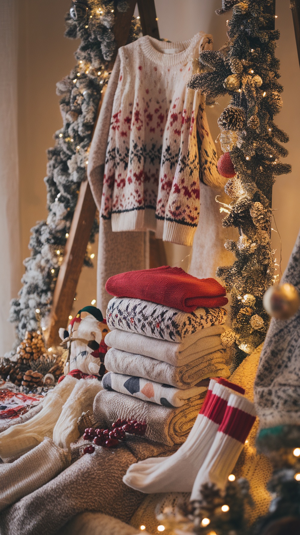 A cozy display of holiday apparel including sweaters, blankets, and festive socks, perfect for staying warm during the Christmas season.