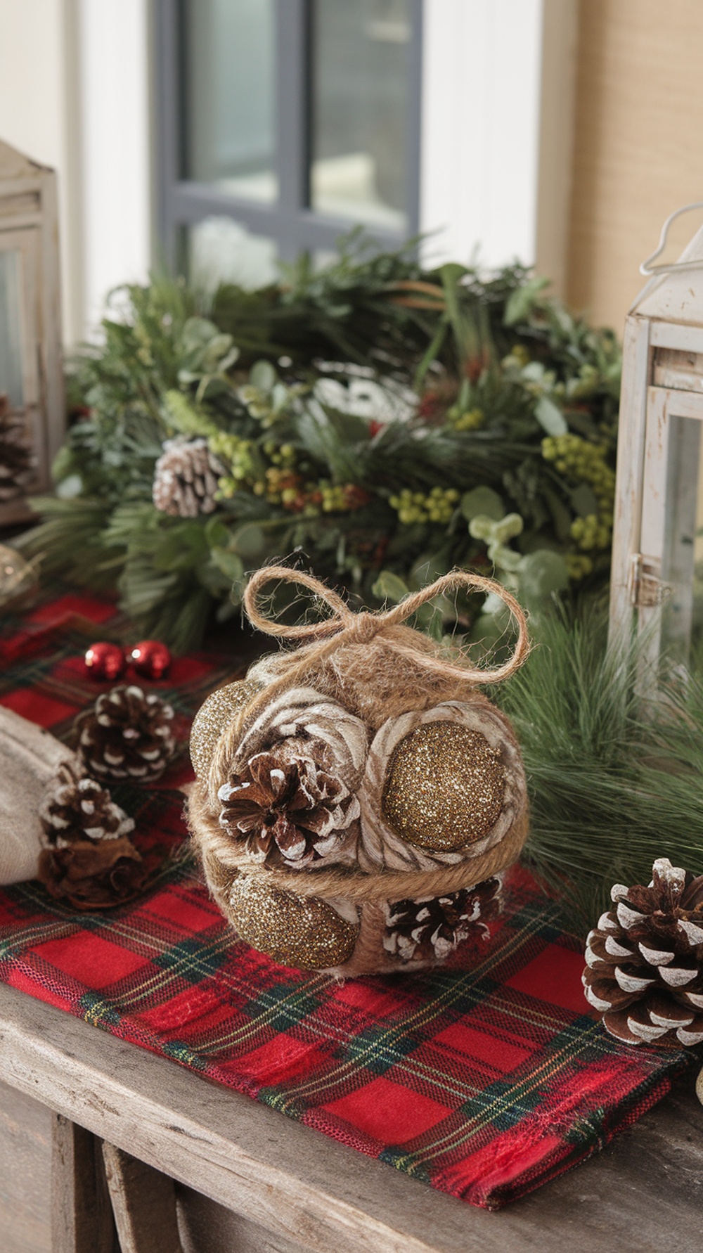 A handmade ornament featuring pine cones and glittery balls, placed on a festive table setting.