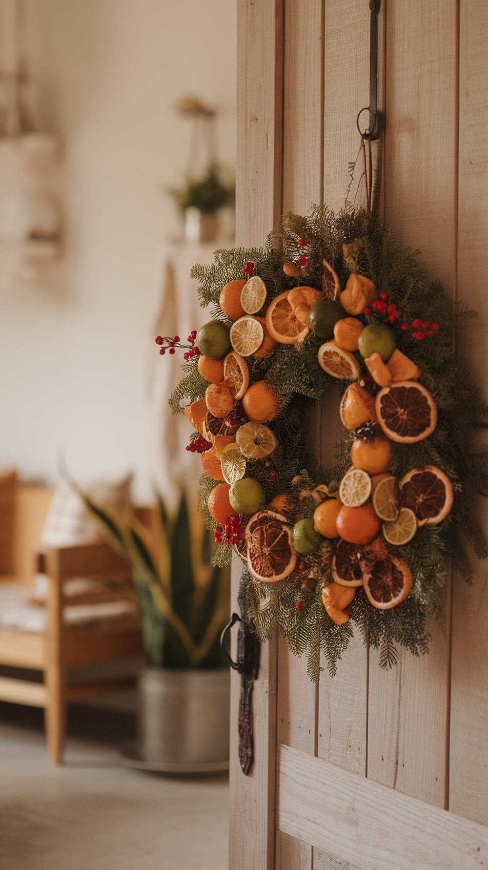 A beautiful dried citrus wreath featuring oranges, lemons, and limes, adorned with greenery and berries, hanging on a wooden door.