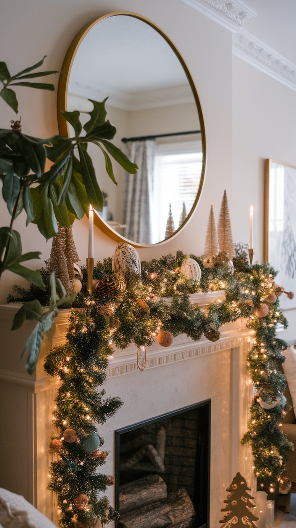 A beautifully decorated mantelpiece with a garland, candles, and festive accents.