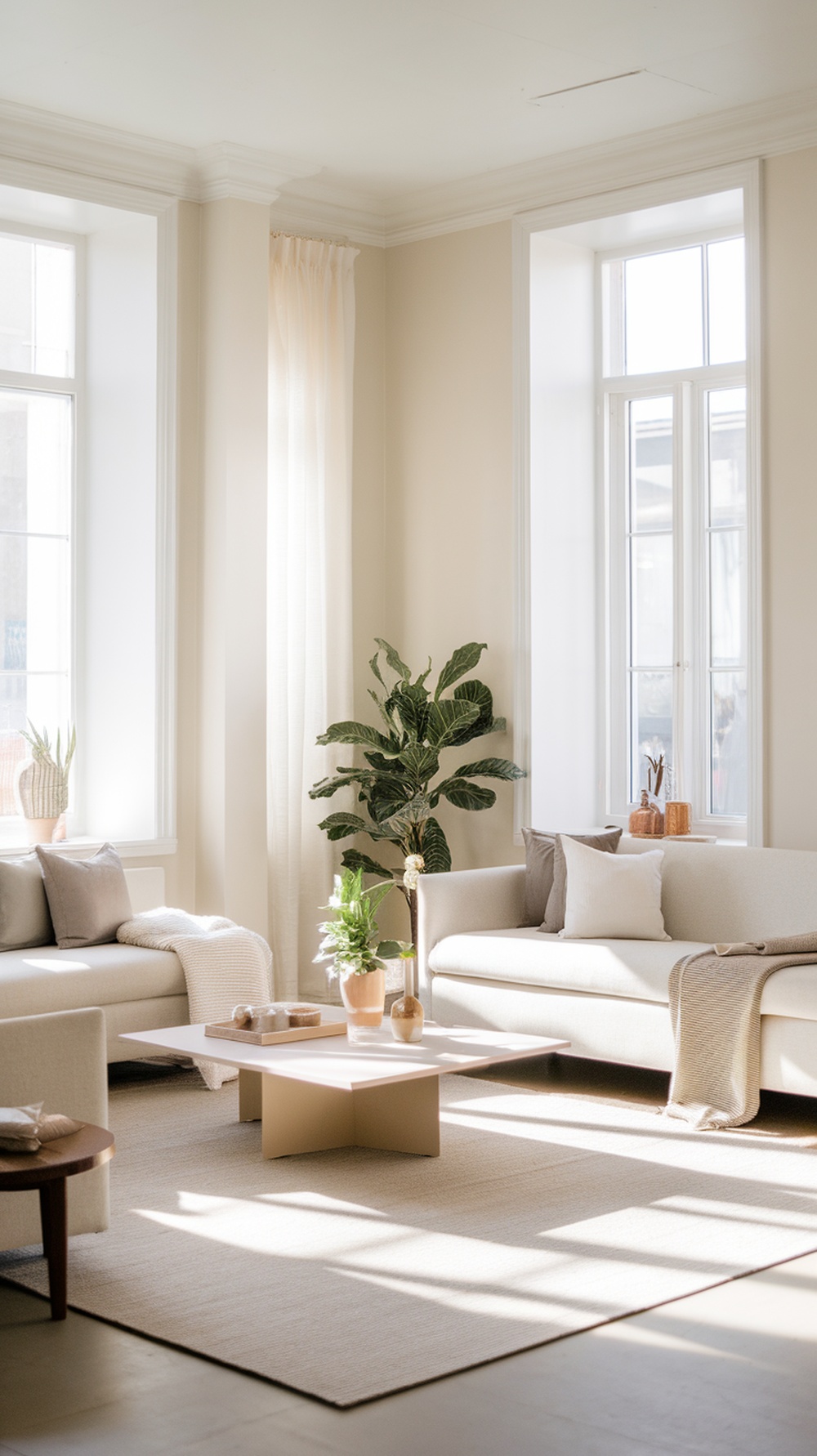 A minimalist living room with neutral colors, clean lines, and potted plants.