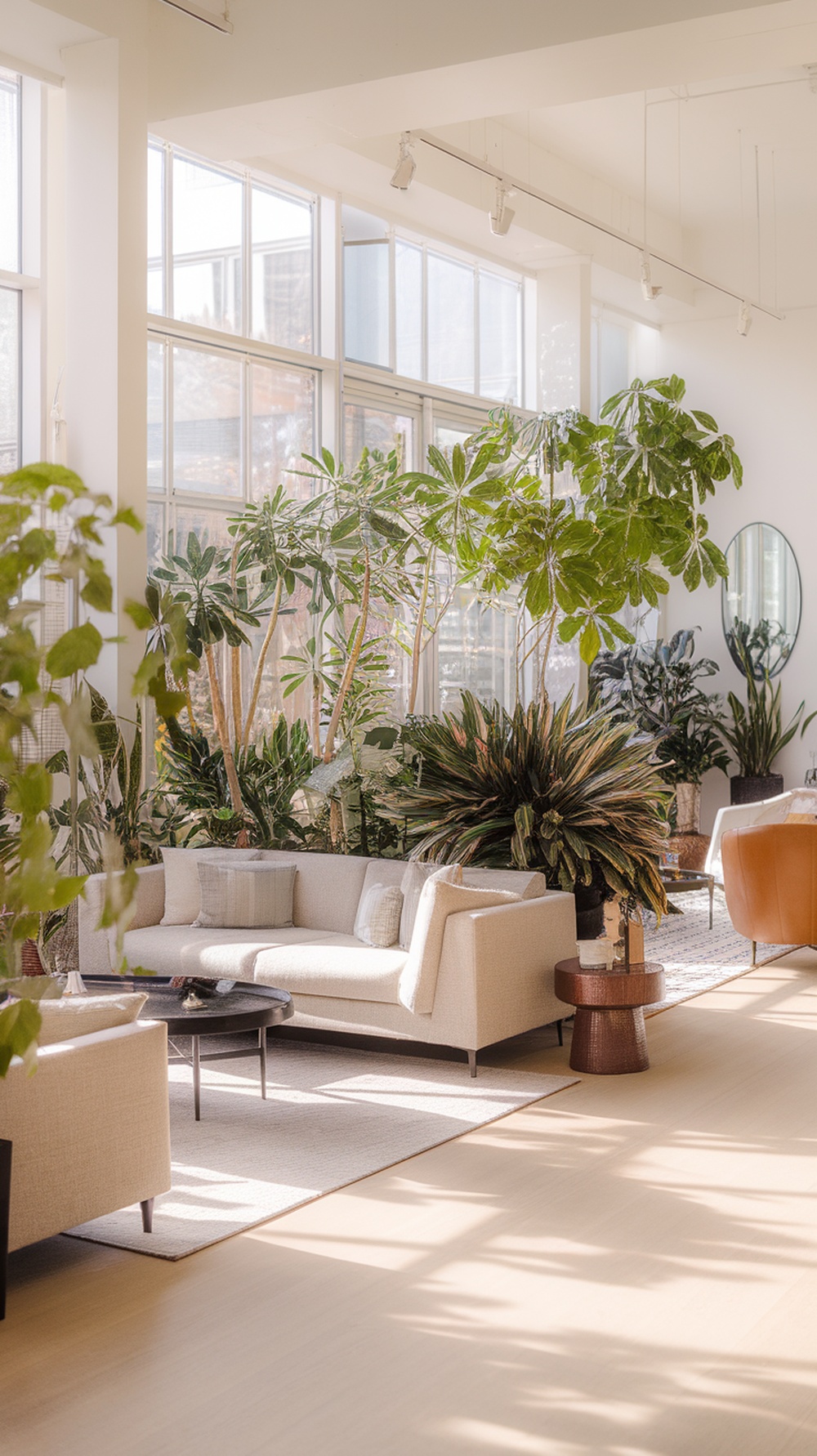 A cozy living room with a sectional sofa surrounded by various indoor plants, creating a natural divider.