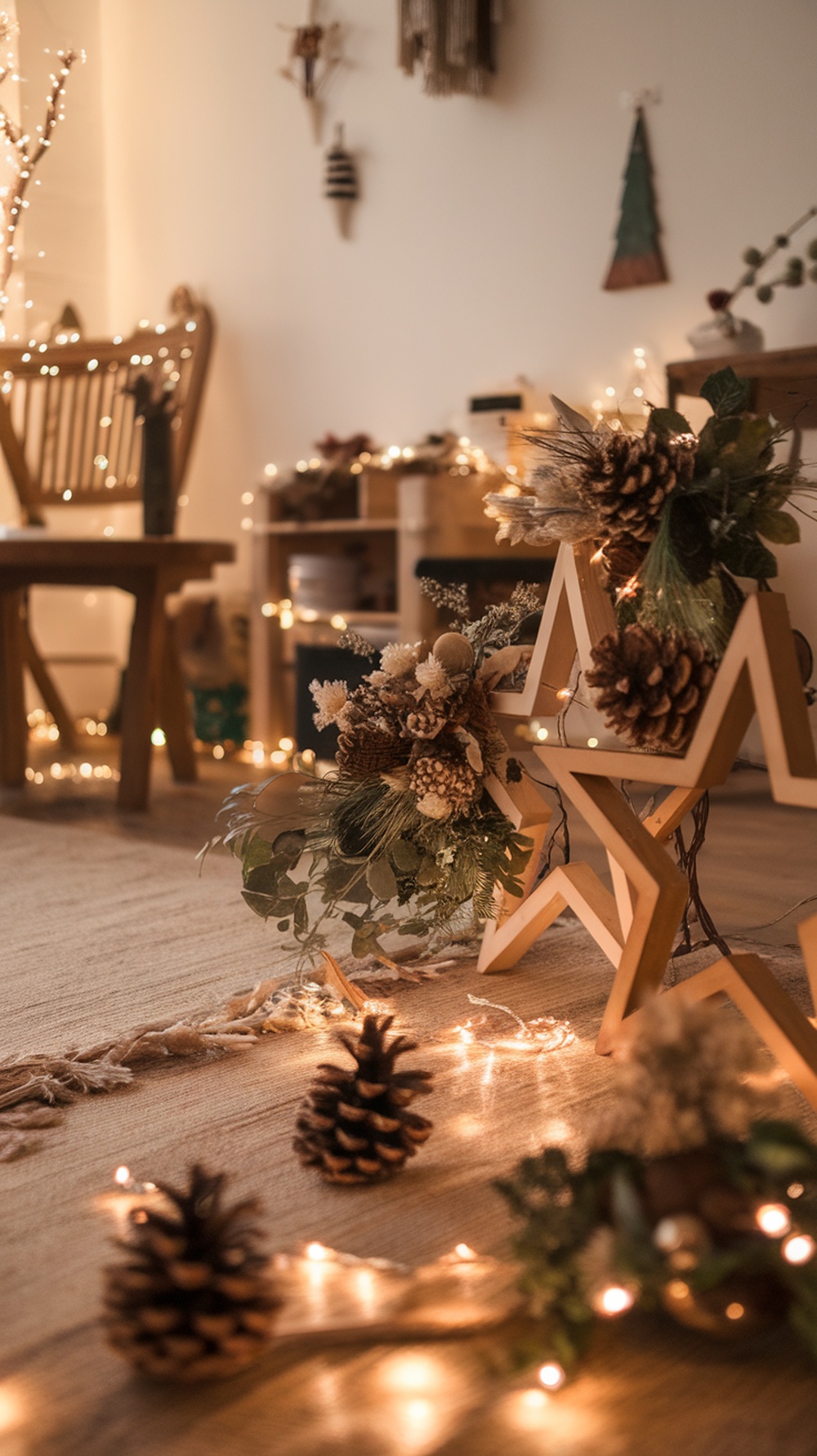 A cozy room decorated with rustic Xmas ornaments, featuring a wooden star and pinecones, illuminated by fairy lights.