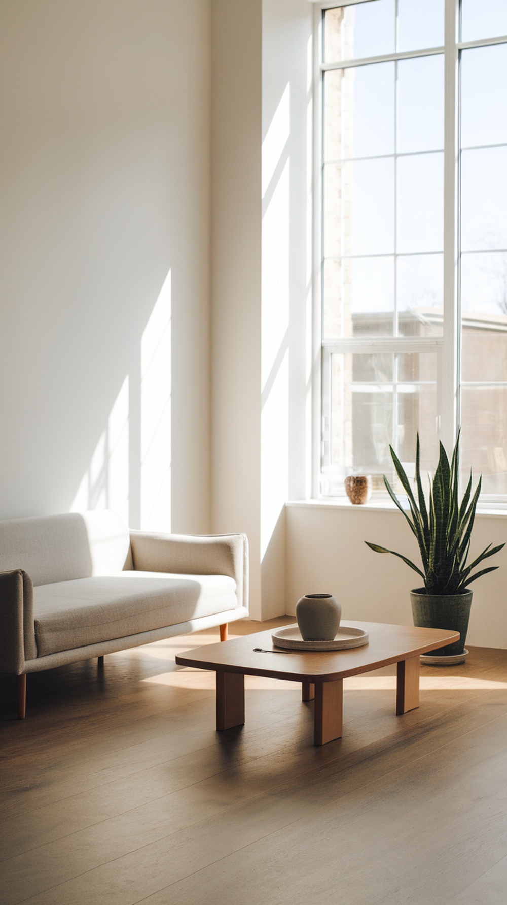 A minimalist living room featuring a light-colored sofa, wooden coffee table, and a plant by the window.