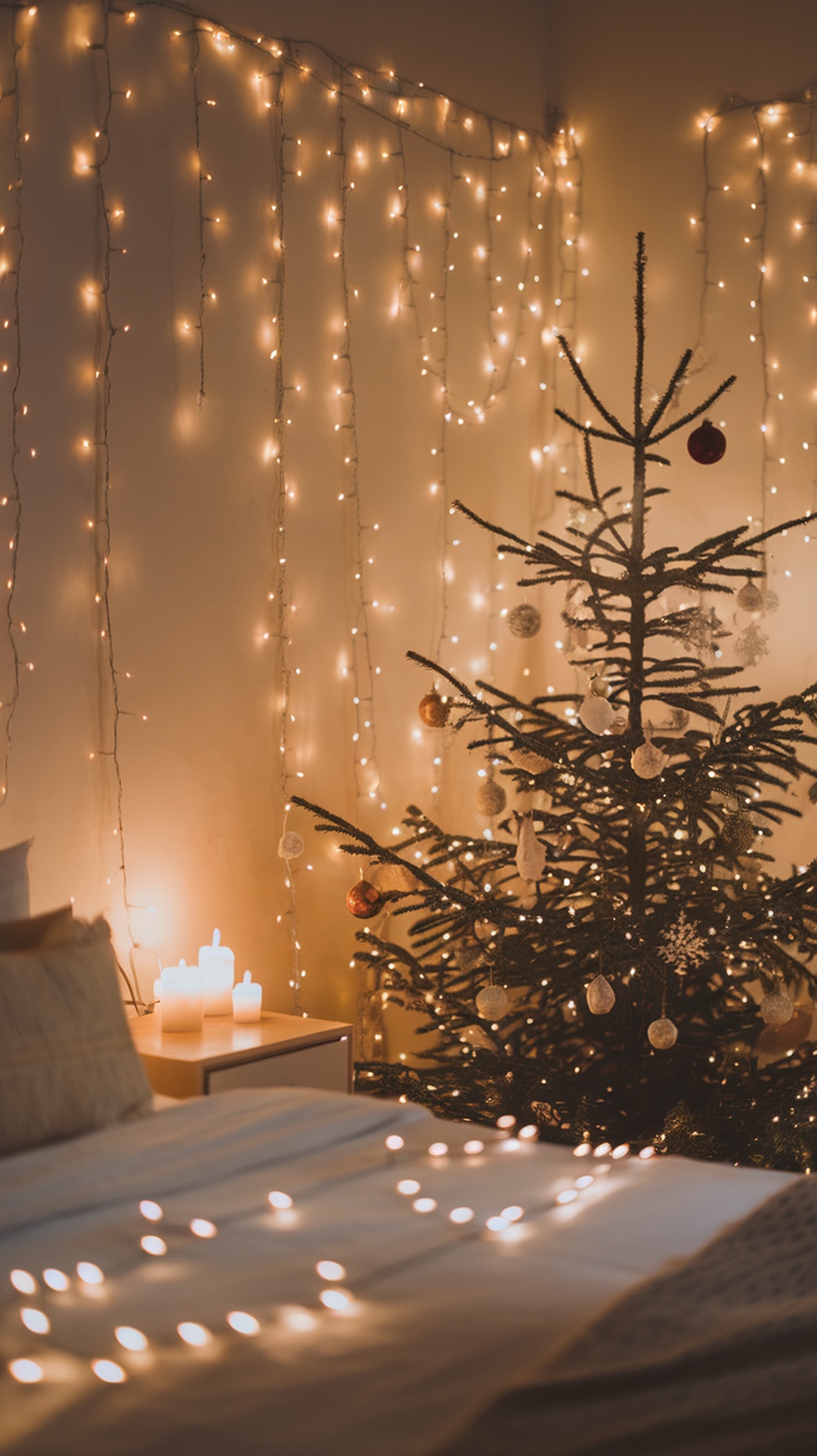 A cozy bedroom decorated with fairy lights and a Christmas tree, creating a warm holiday atmosphere.
