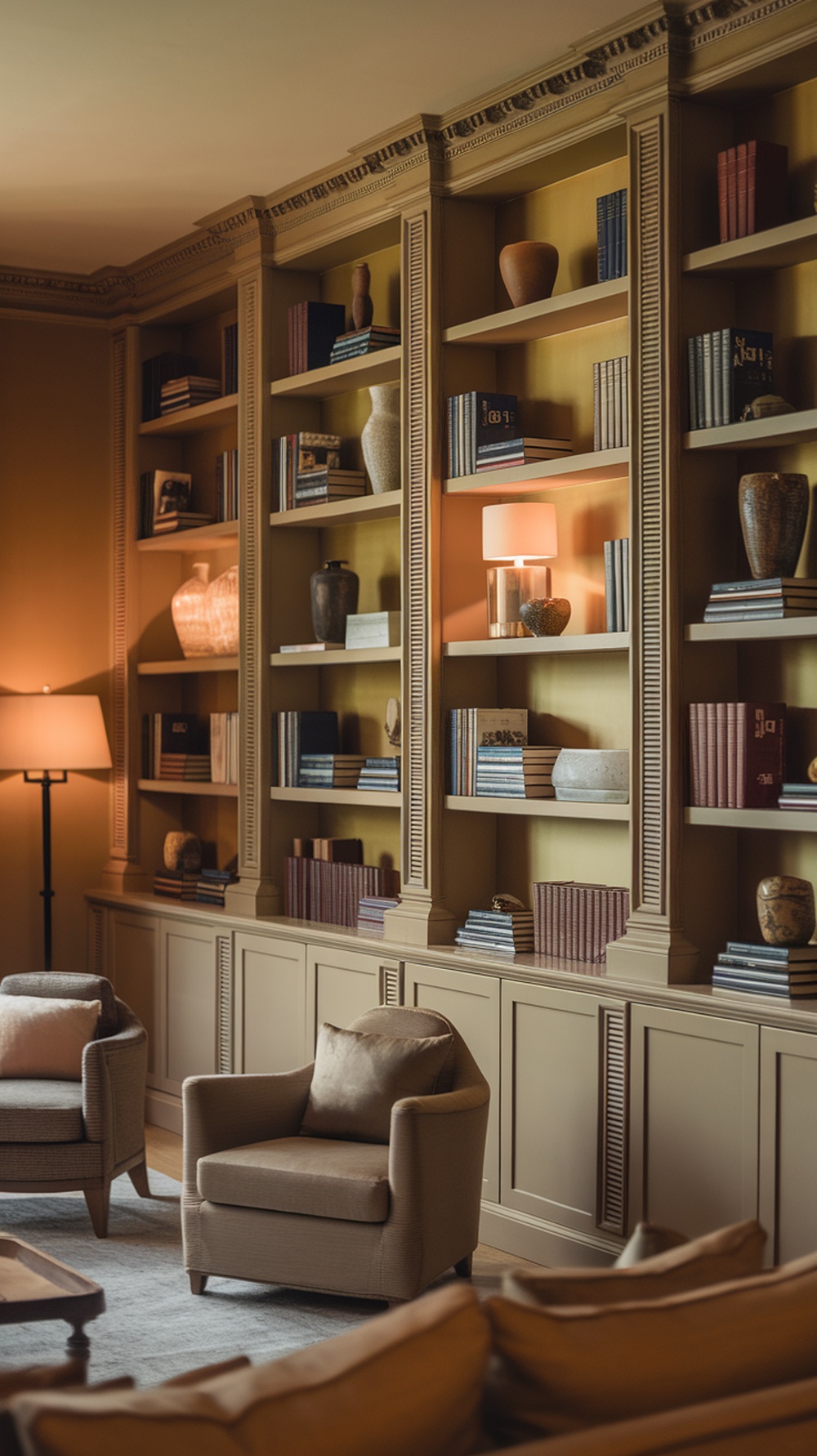 A stylish living room with a large shelving unit filled with books and decorative items, complemented by warm lighting.