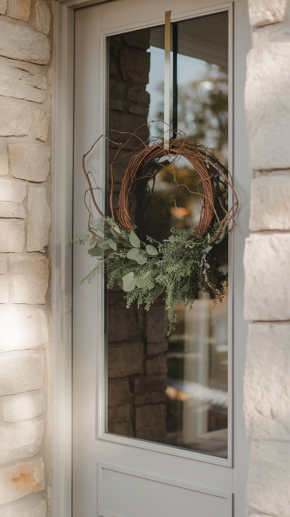 A minimalist wreath made of twigs and greenery hanging on a door.